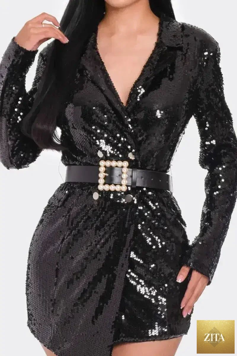 Pearl belted sequin blazer mini dress for women, stylish Femstylo clothing with shimmering sequins and a fitted silhouette.