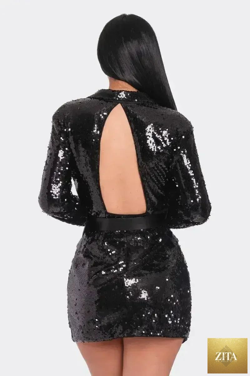 Pearl belted sequin blazer mini dress for women by Femstylo, featuring shiny sequins and a stylish blazer design.