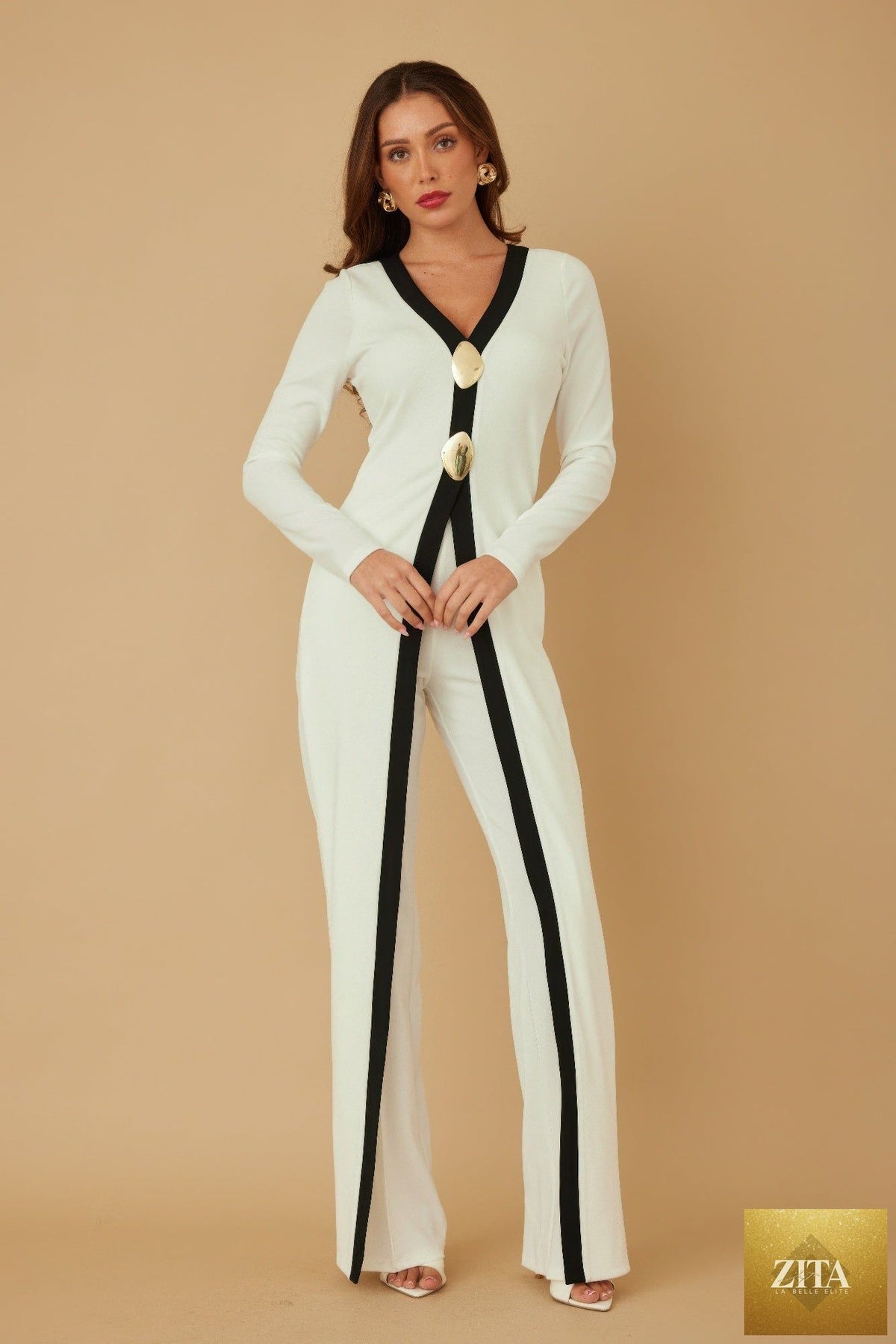 Long layer jumpsuit with mirror stone details, stylish design, and sleeveless fit from Tigbul's Variety Fashion Shop.