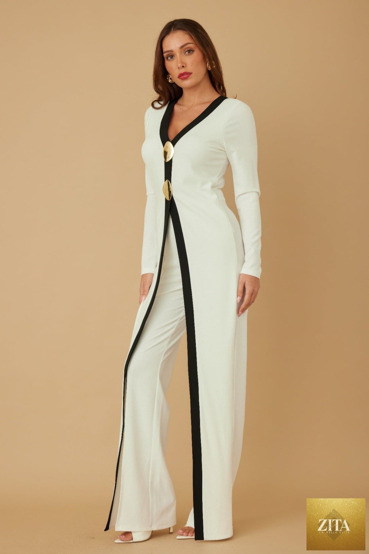 Long layered jumpsuit with mirror stone embellishments, stylish design, from Tigbul's Variety Fashion Shop.