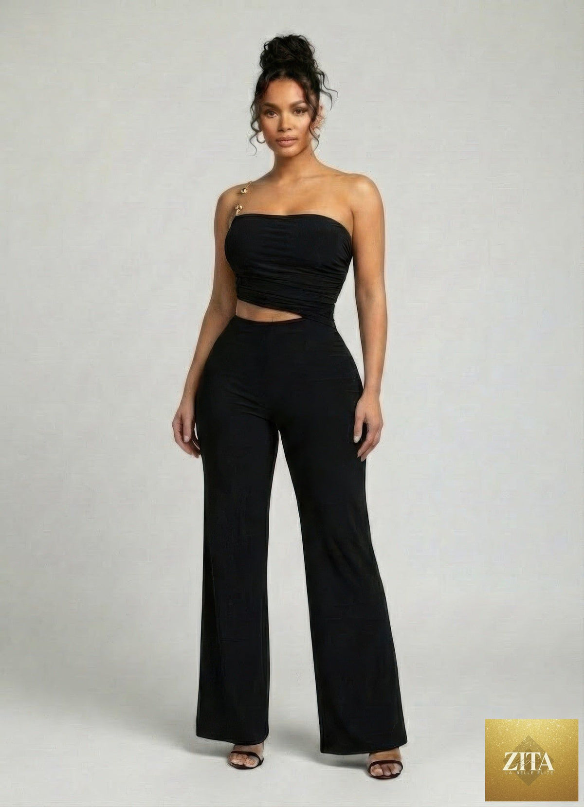 Ruched bandeau-style modern jumpsuit by Tigbul's Variety Fashion Shop, featuring a sleek, fitted design and stylish details.