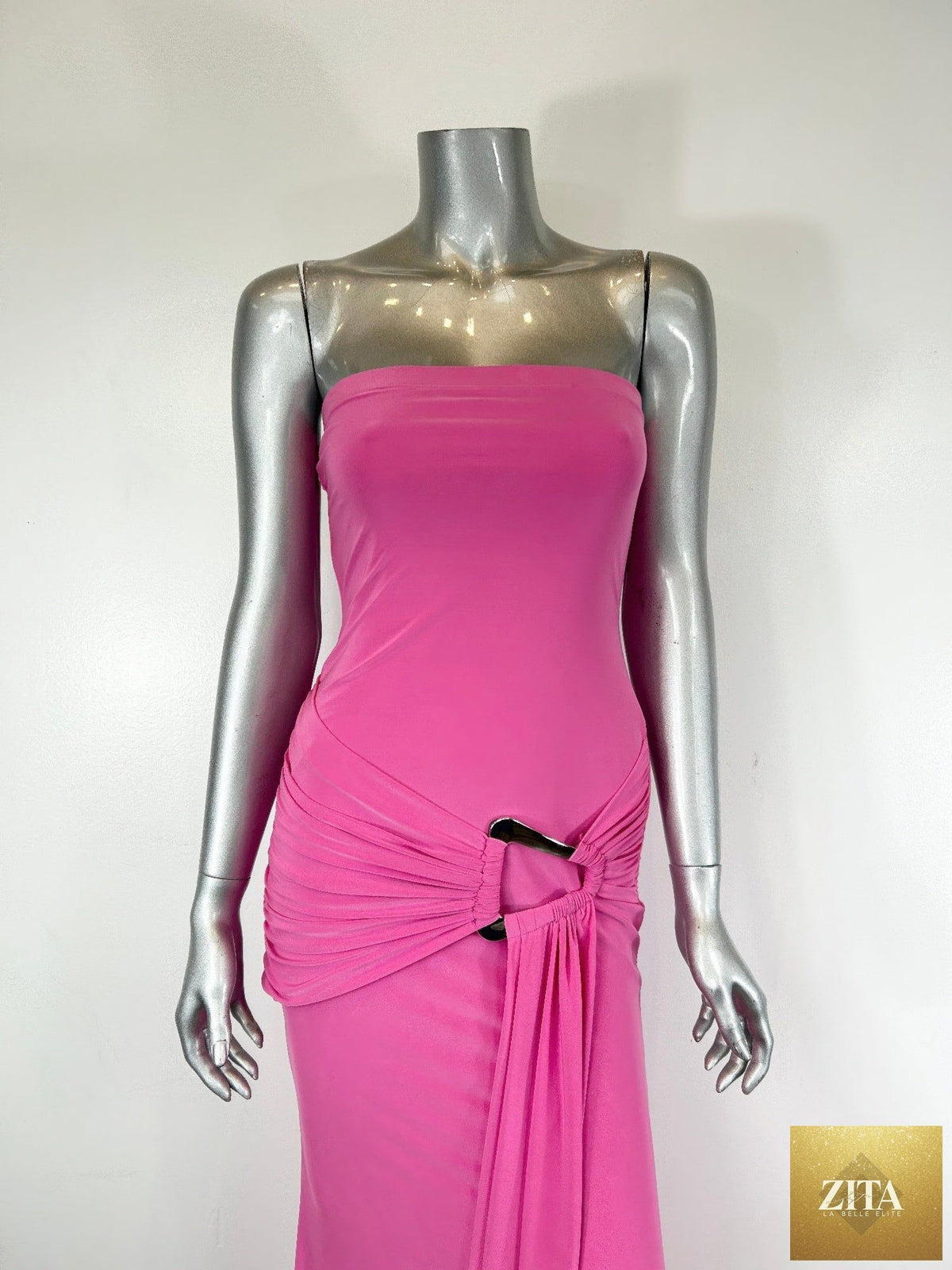 Elegant draped Grecian style maxi dress by Tigbul's Variety Fashion Shop, featuring flowing fabric and a modern silhouette.