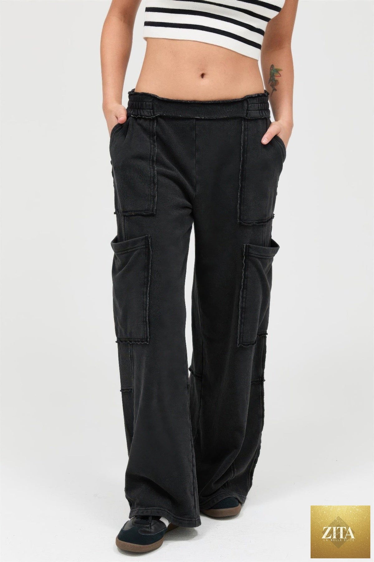 Mineral Wash Wide Leg Cargo Pants by Tigbul's Variety Fashion Shop, featuring relaxed fit and multiple cargo pockets.
