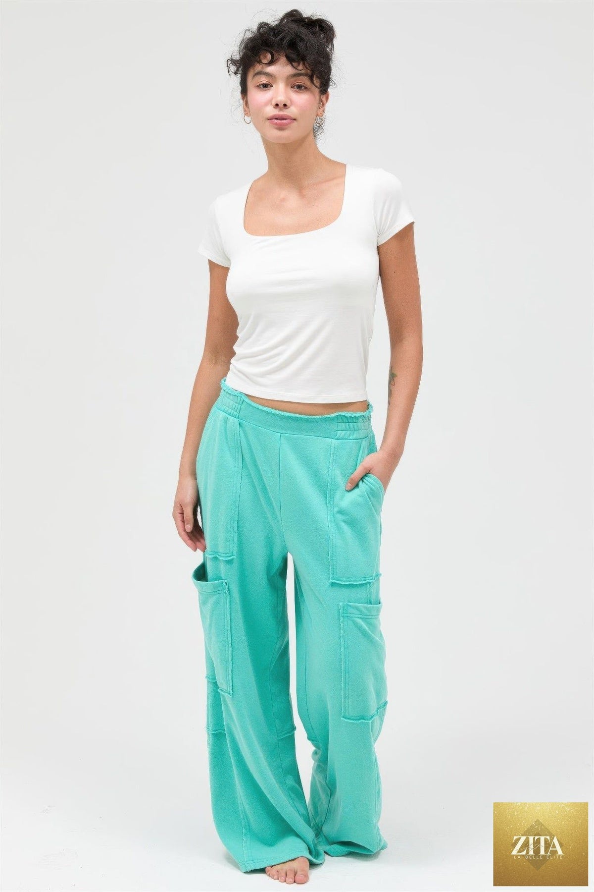 Mineral Wash Wide Leg Cargo Pants from Tigbul's Variety Fashion Shop, showing relaxed fit and multiple cargo pockets.