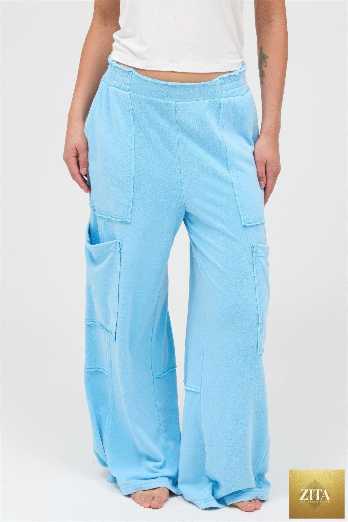 Mineral Wash Wide Leg Cargo Pants by Tigbul's Variety Fashion Shop, casual men's or women's pants with multiple pockets and relaxed fit.