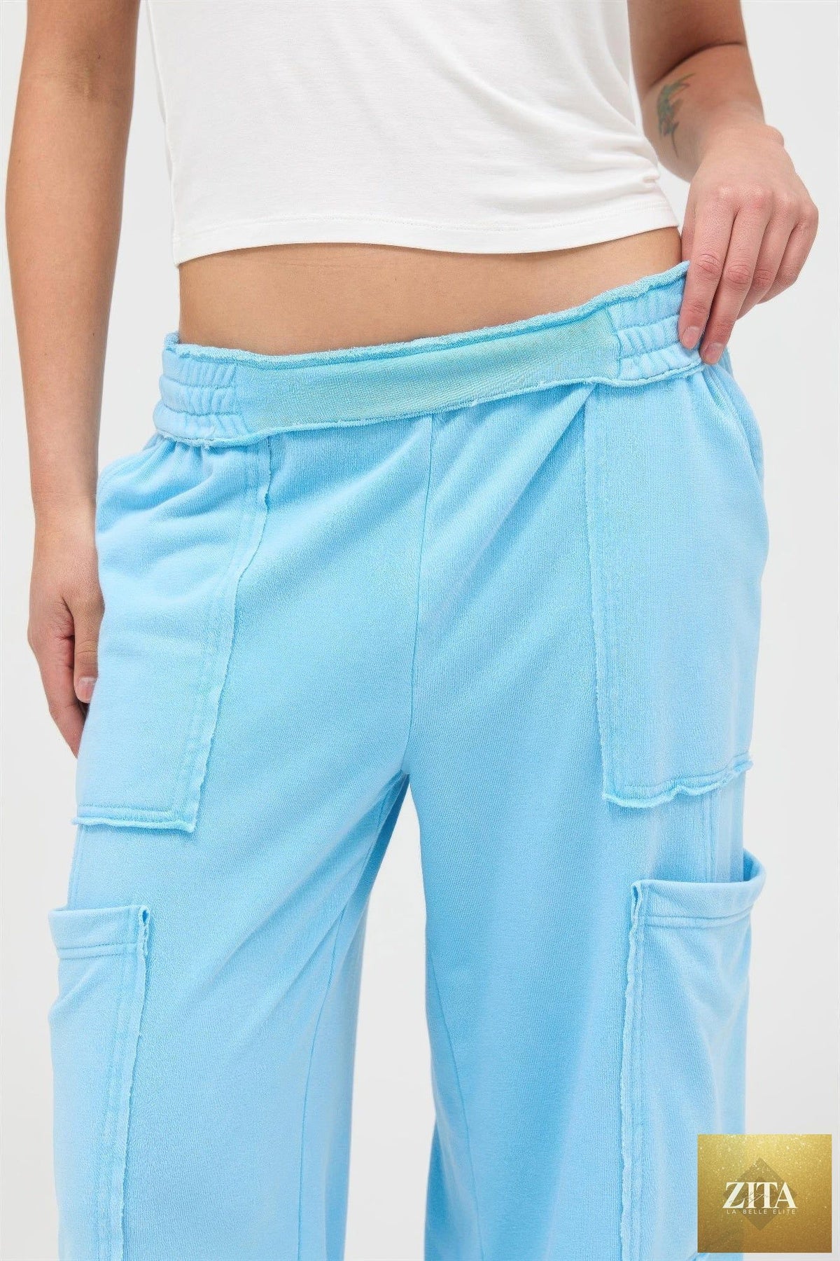Mineral wash wide leg cargo pants in khaki with multiple pockets, casual style, from Tigbul's Variety Fashion Shop.