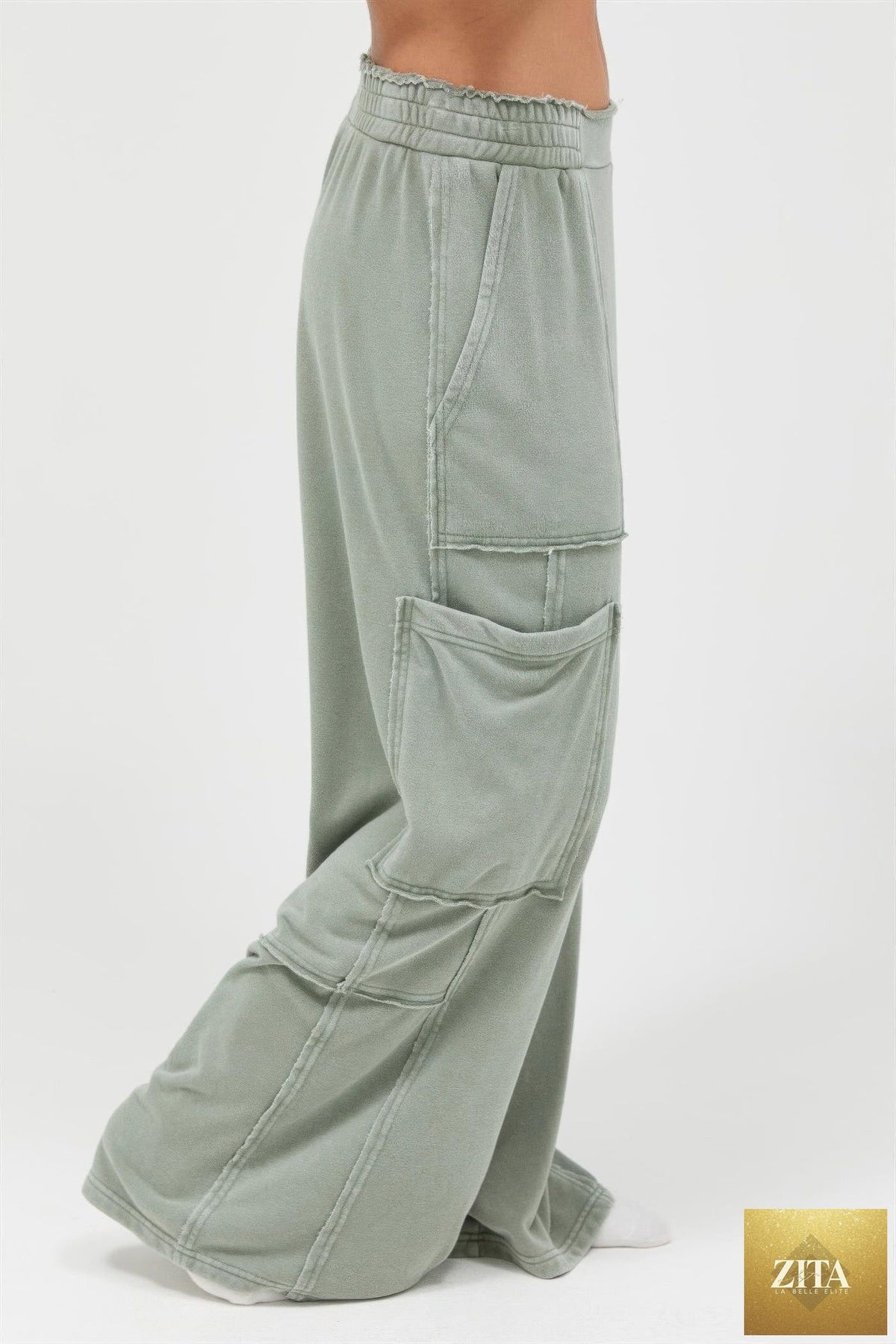 Mineral wash wide leg cargo pants in neutral tones, featuring multiple pockets and relaxed fit, from Tigbul's Variety Fashion Shop.