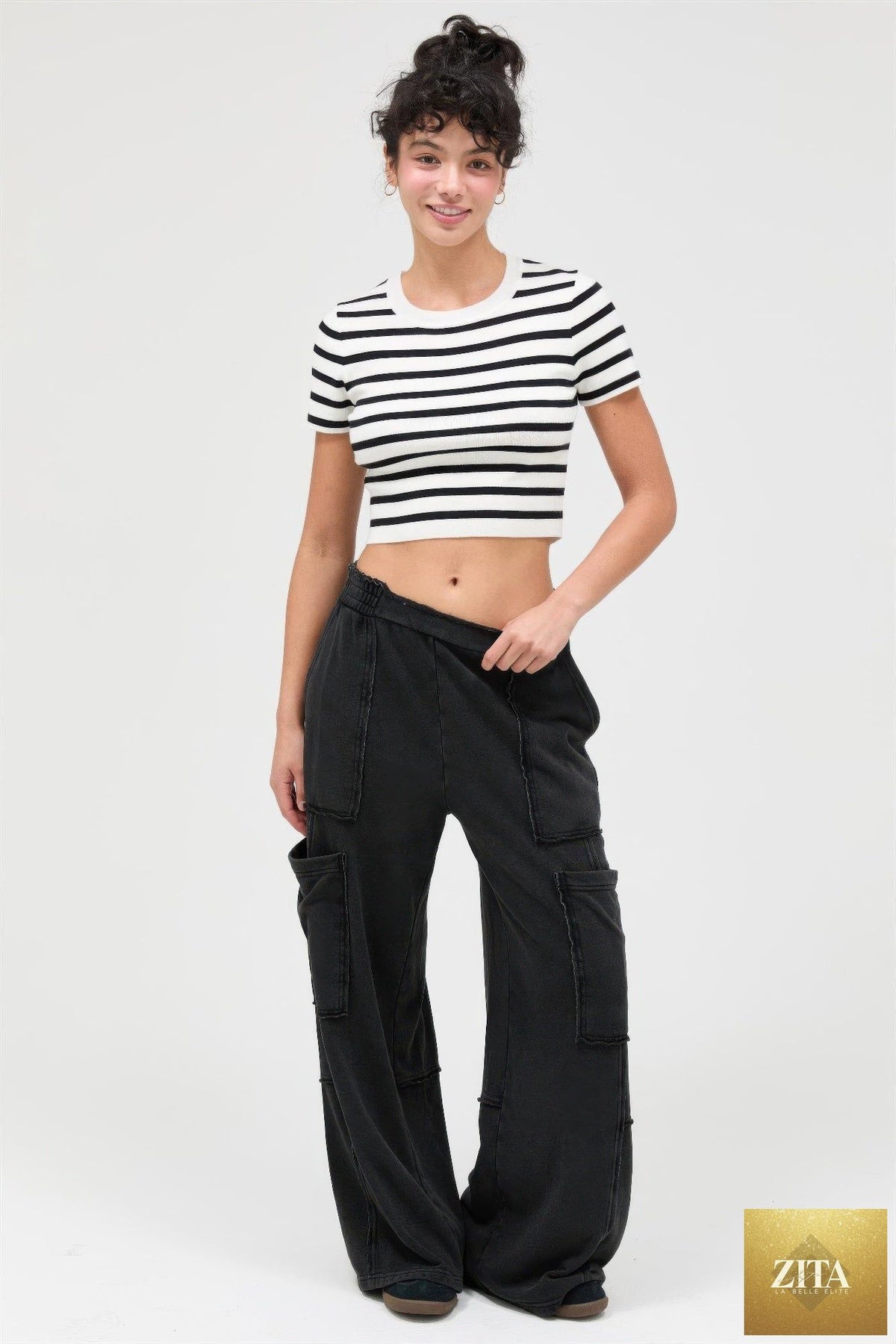 Mineral wash wide-leg cargo pants in beige with multiple pockets from Tigbul's Variety Fashion Shop, casual and trendy style.