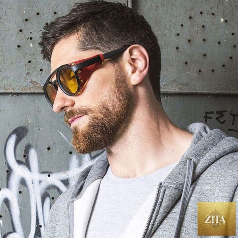 Round steampunk sunglasses by FitiqueFit featuring vintage-inspired metal frames and tinted lenses.