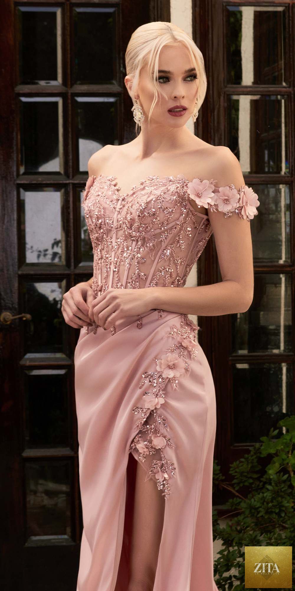 Blush Cinderella Divine CD0186 long floral off-the-shoulder gown with slit, elegant dress perfect for formal occasions.