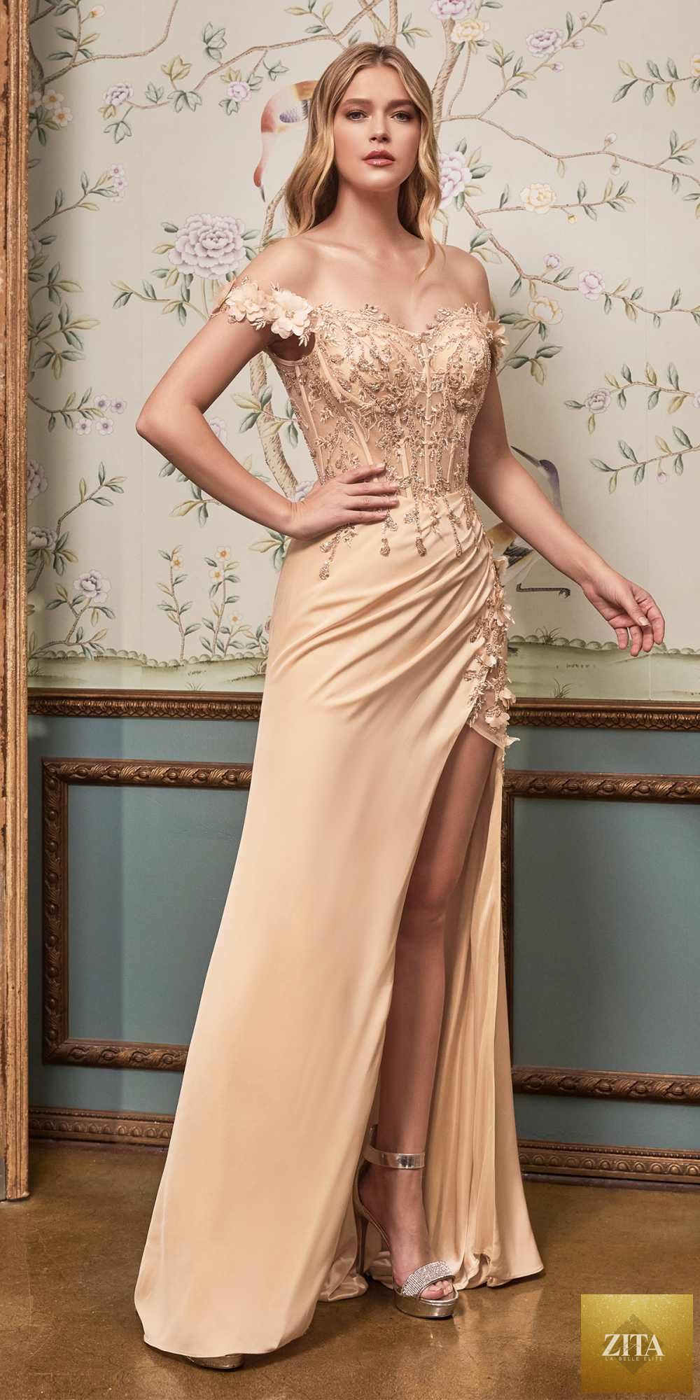 Champagne-colored Cinderella Divine CD0186 long floral off-the-shoulder gown with slit, elegant dress for formal occasions
