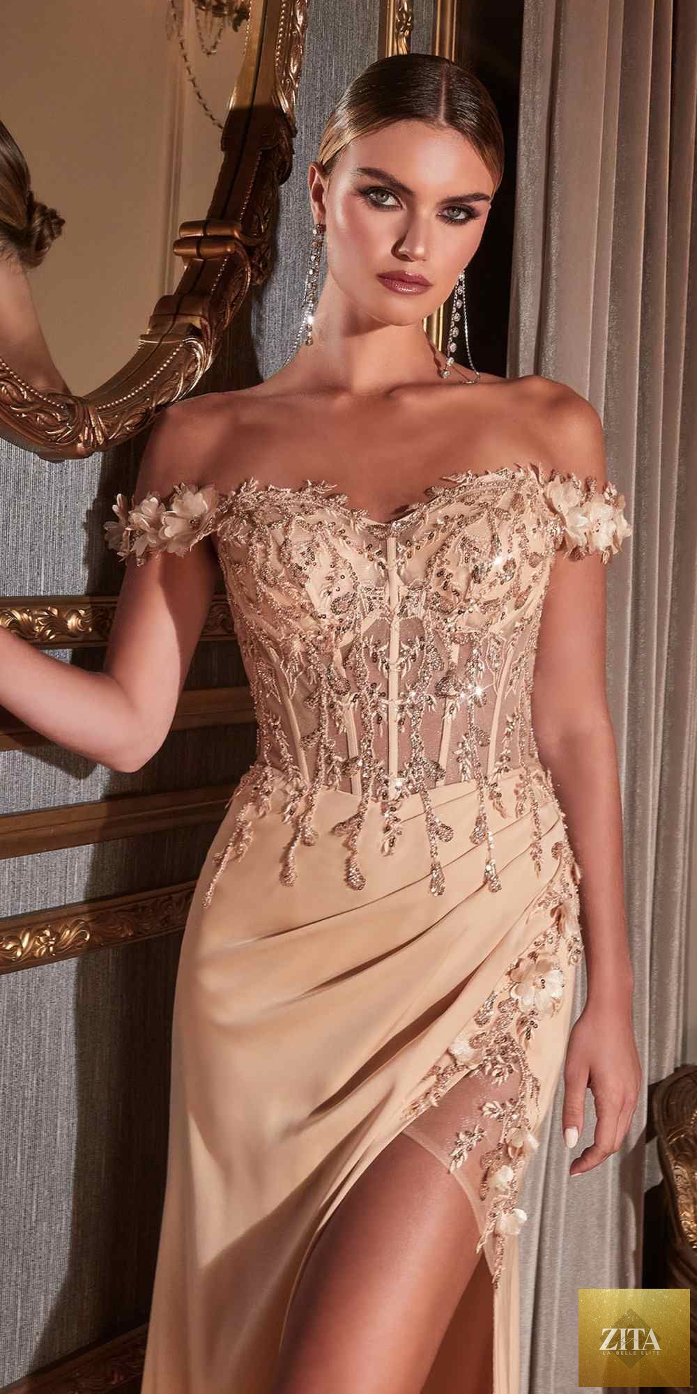 Champagne Cinderella Divine CD0186 long floral off-shoulder gown with slit, elegant evening dress with floral pattern and flowing fabric
