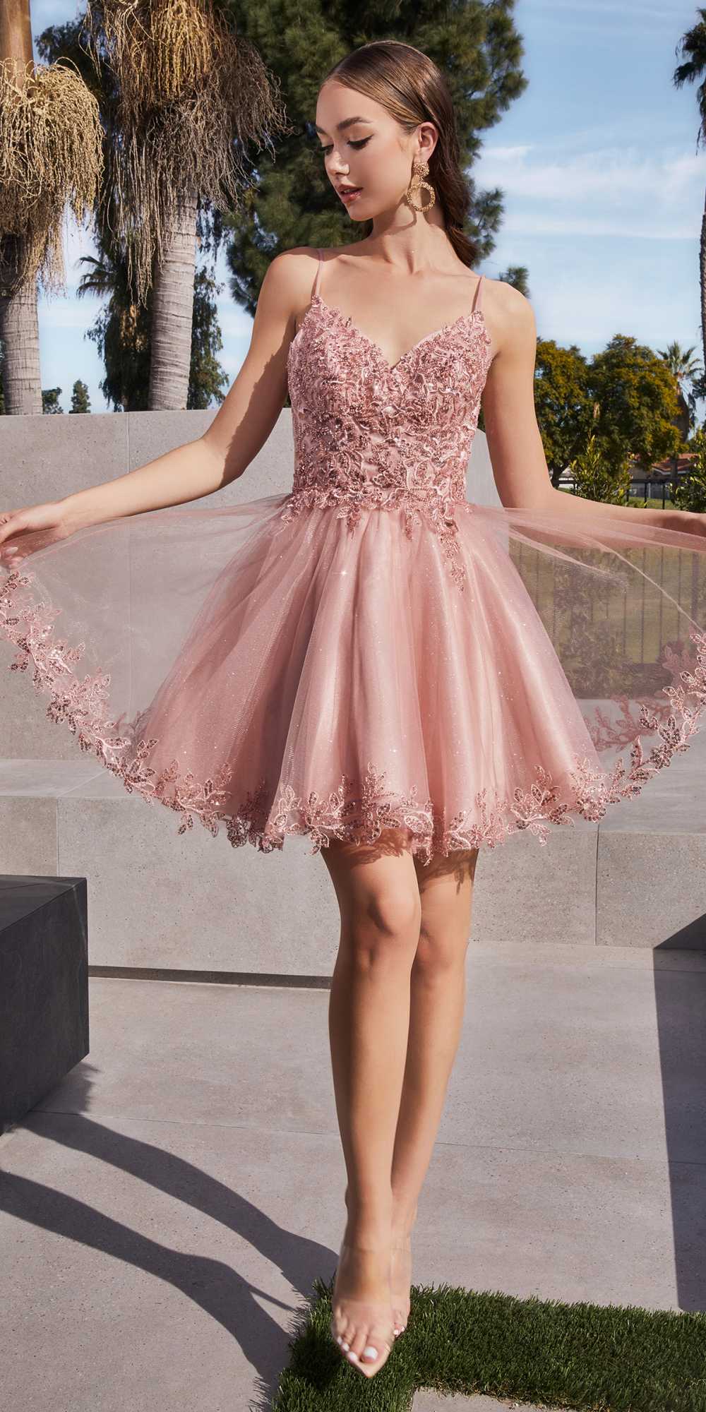 Blush Ladivine CD0213 short A-line dress with glitter tulle skirt, perfect for special occasions and elegant events.