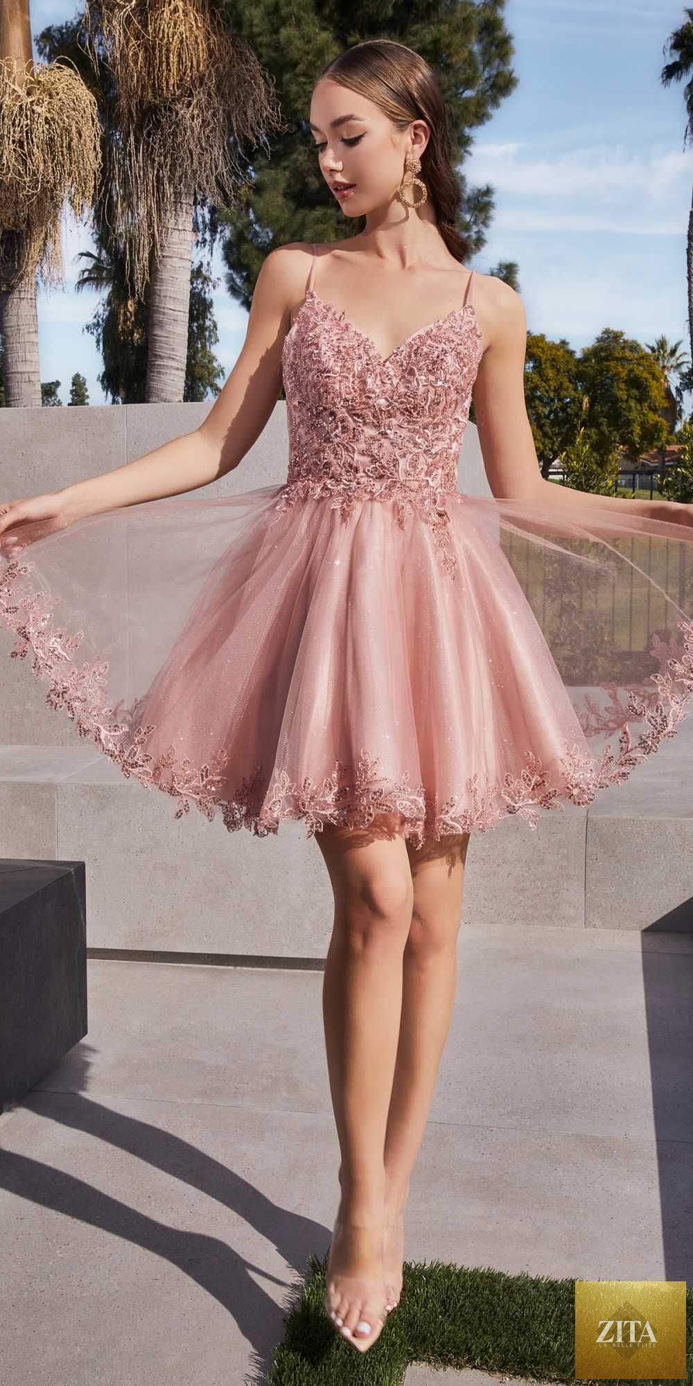 Blush Ladivine CD0213 short A-line dress with glitter tulle for elegant occasions, shown on a hanger.