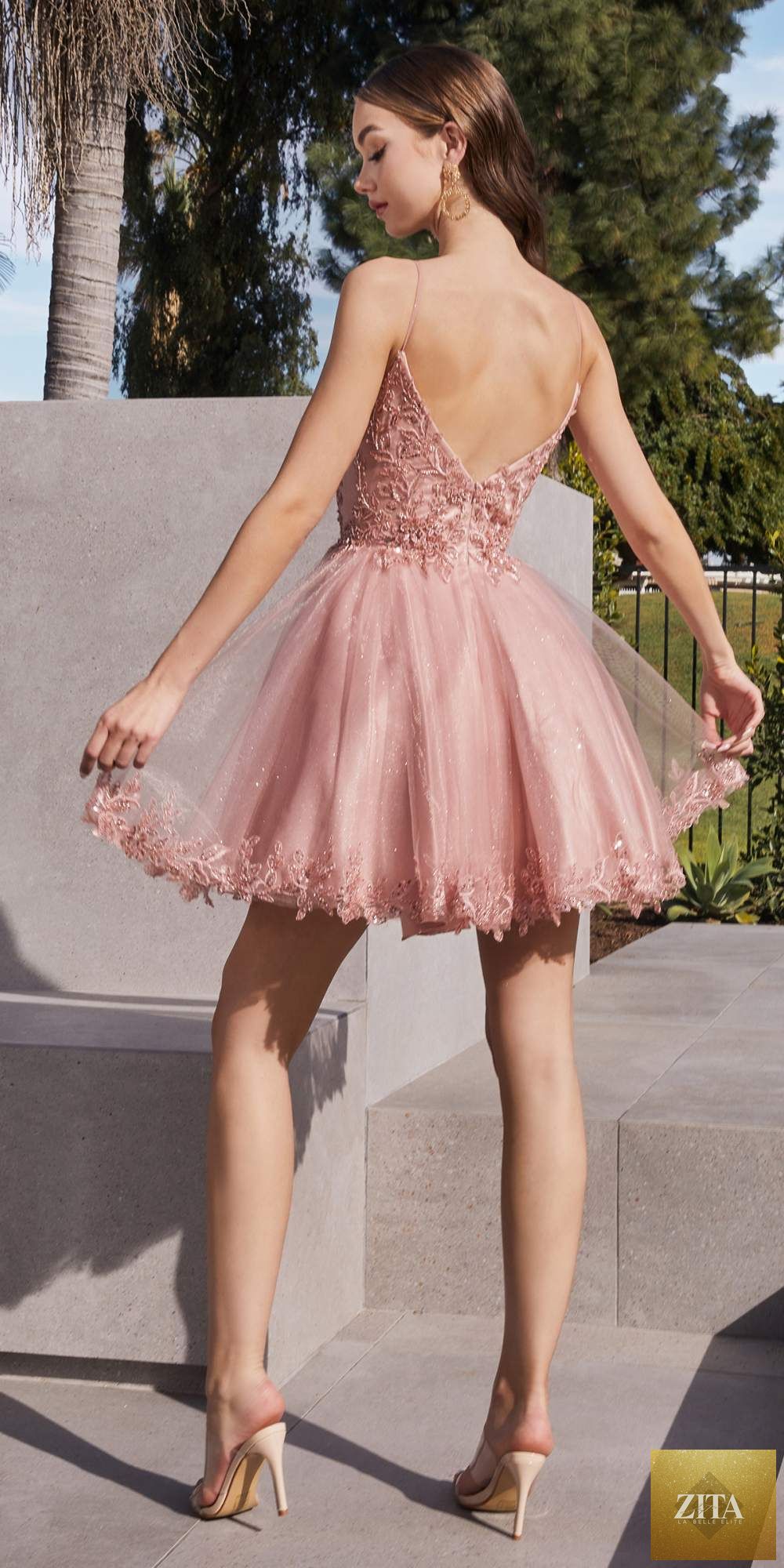 Blush Ladivine CD0213 short A-line dress with glitter tulle for elegant occasions, displayed on a hanger.
