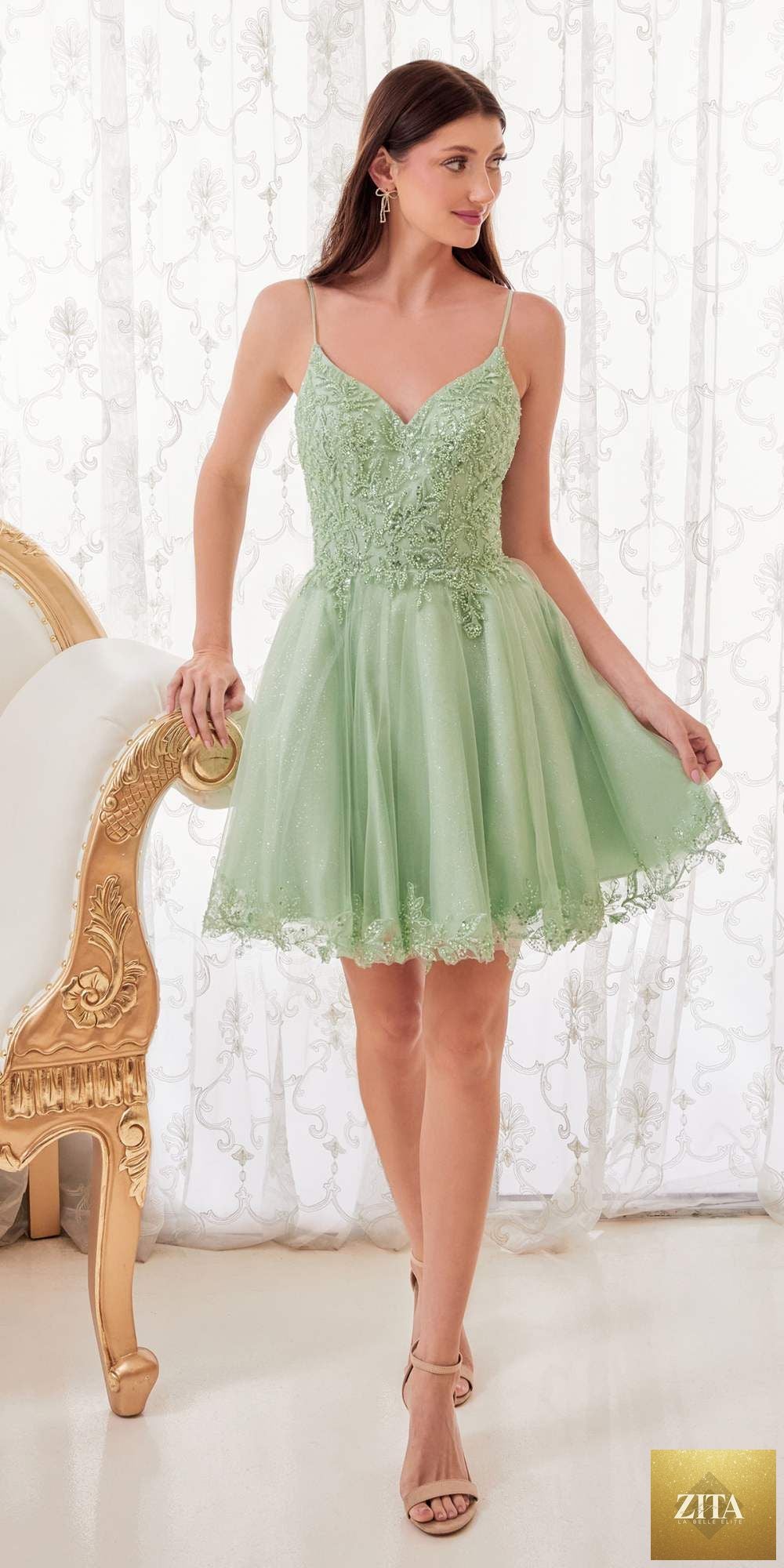 Sage green Ladivine CD0213 short A-line dress with glitter tulle fabric, perfect for formal or special occasions.
