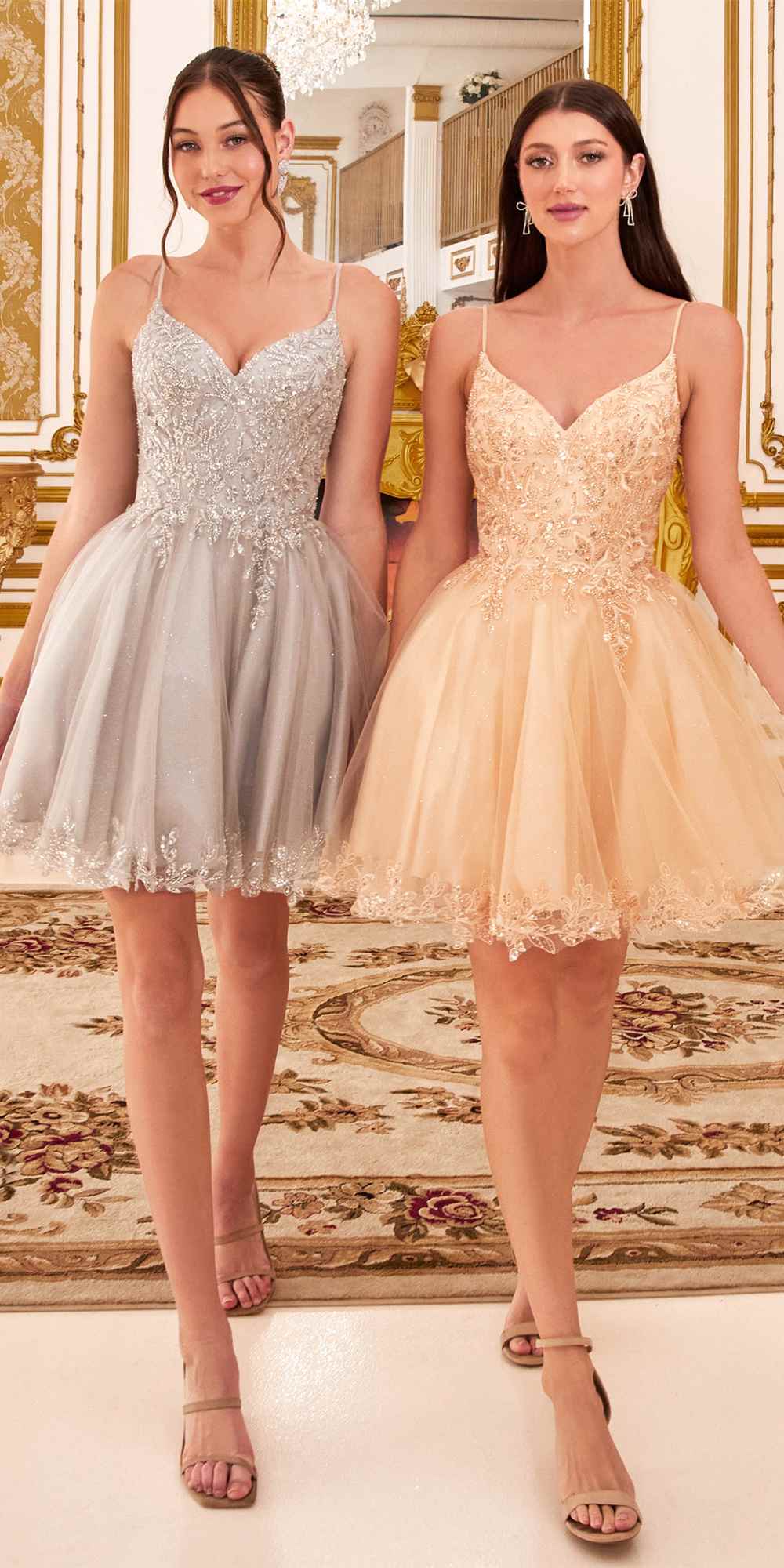 Ladivine CD0213 short A-line dress with glitter tulle in silver champagne, perfect for elegant occasions.