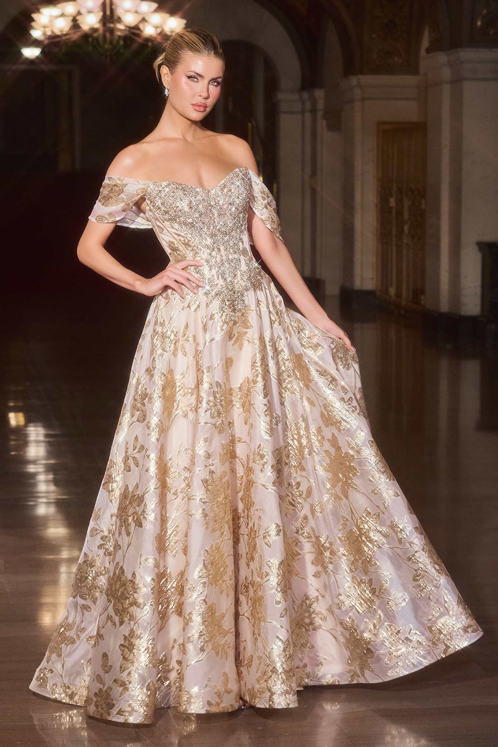 Gold Ladivine CD682 off-the-shoulder beaded bodice ball gown dress displayed from the front. Elegant formal evening wear.