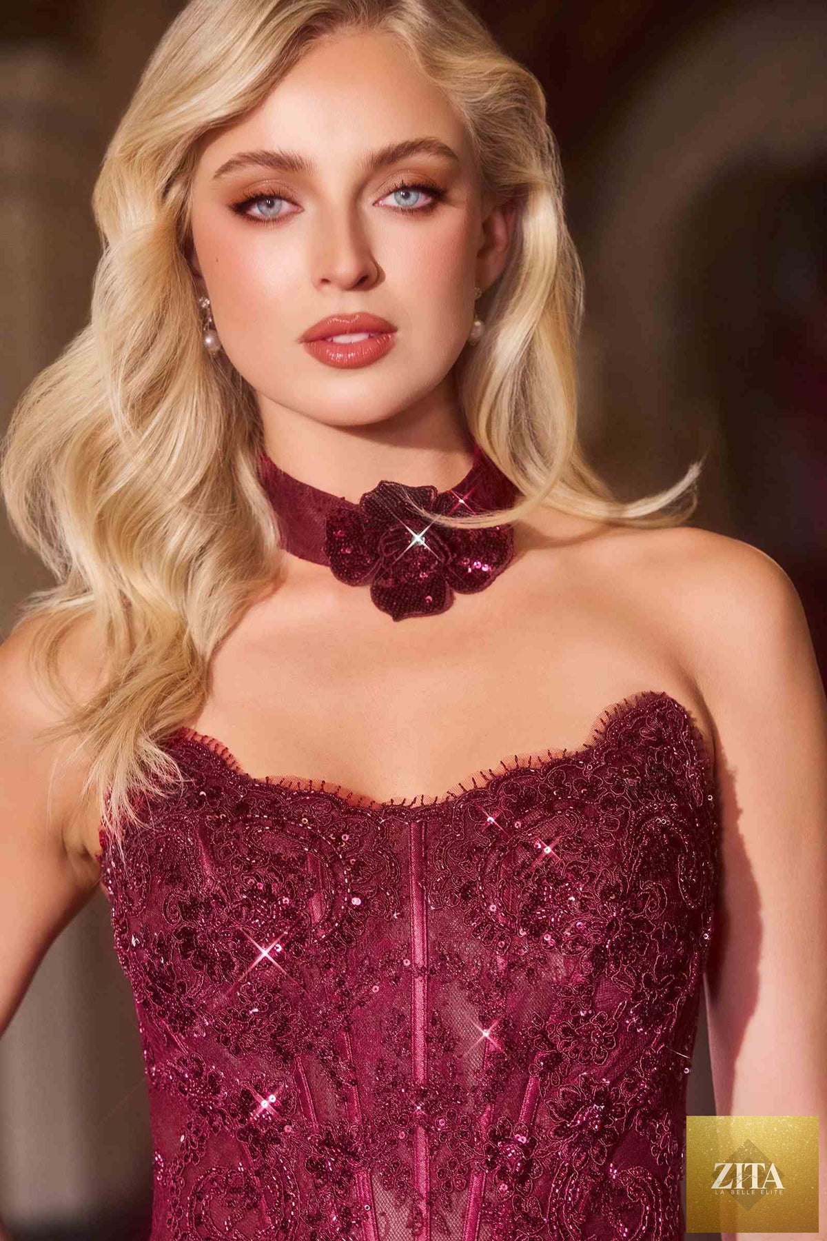 Elegant burgundy Ladivine fit and flare strapless evening gown with matching choker, perfect for formal occasions.