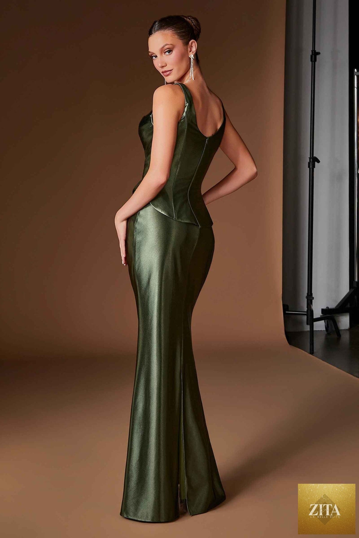 Ladivine CH2604 Square Neck Satin Fitted Evening Gown with Draped Waist
