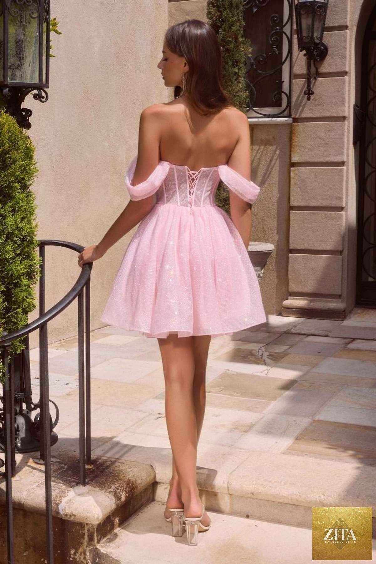 Blush Ladivine CJ420 off-shoulder glitter tulle short dress with corset back, featuring a stylish and elegant design.