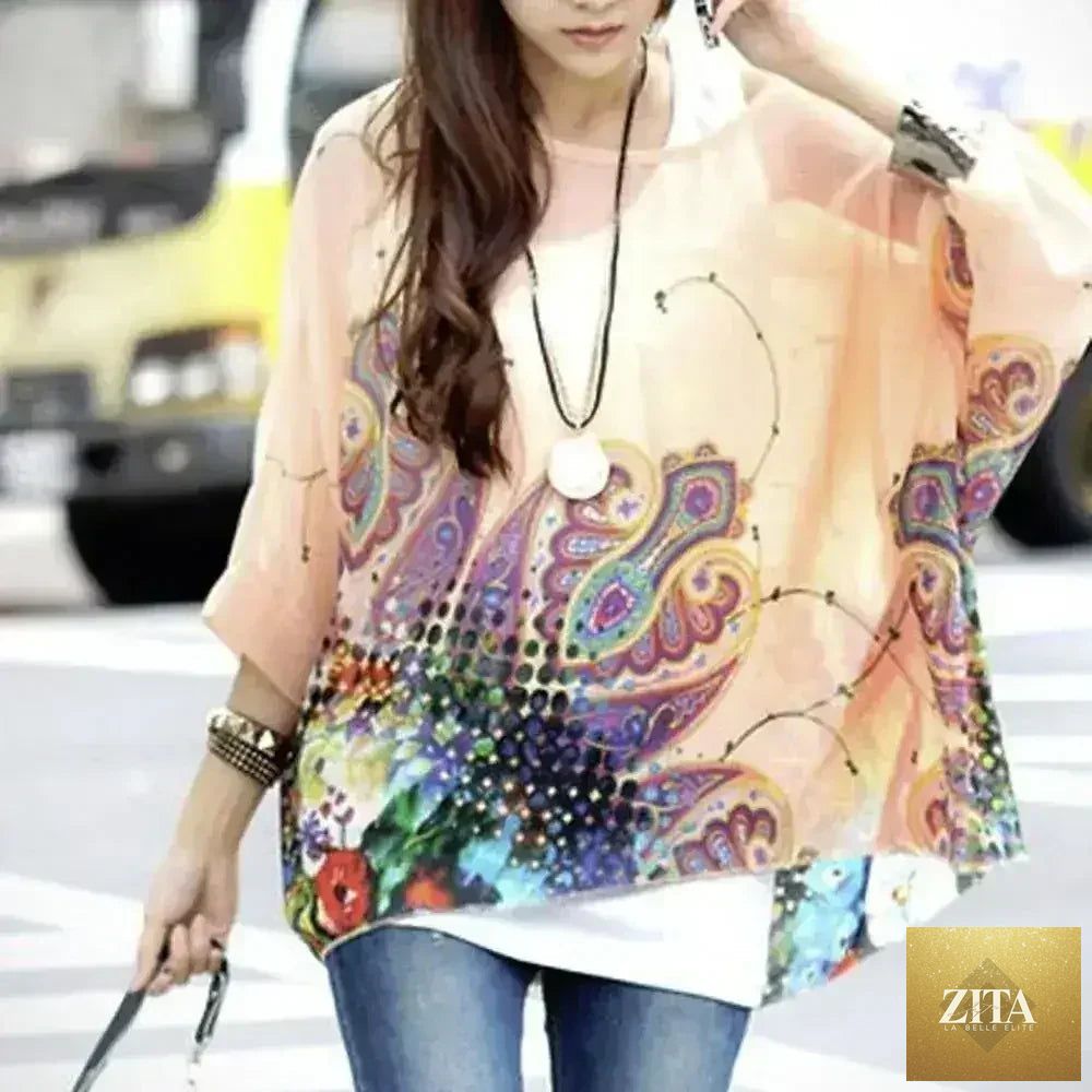 Femstylo paisley print chiffon top featuring batwing sleeves, boho style blouse with flowing fabric and intricate pattern.