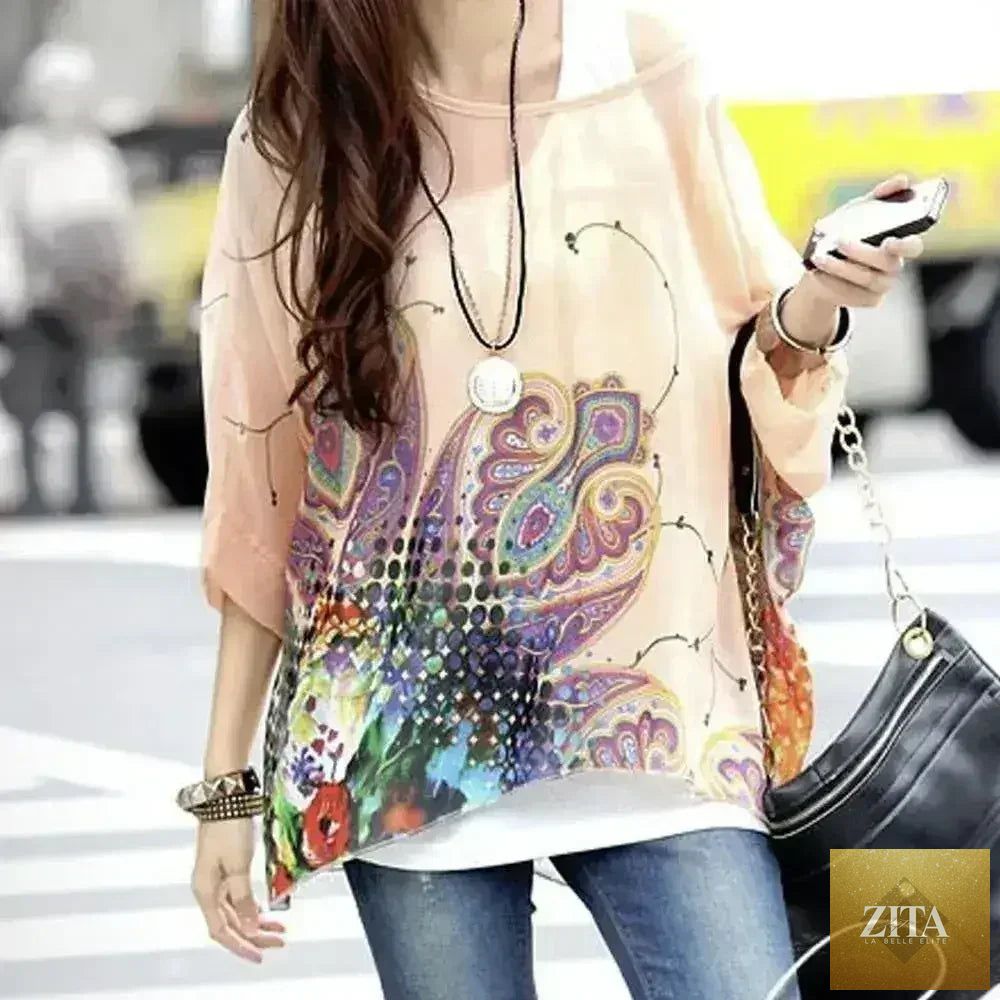 Femstylo paisley print chiffon boho blouse with batwing sleeves, stylish tops and blouses for casual or festival wear.
