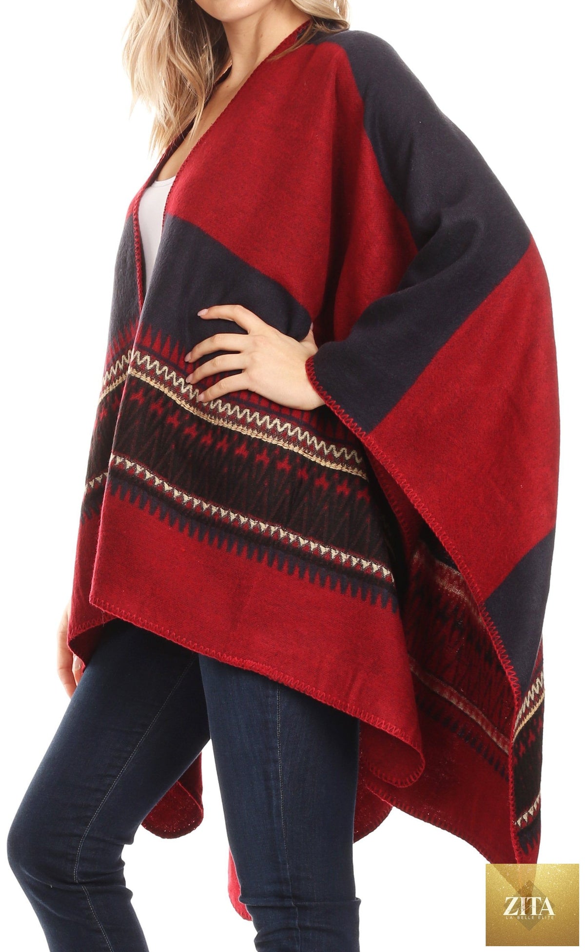 Sakkas Mari Women's Reversible Large Poncho Shawl Wrap Scarf Cape Ruana Blanket