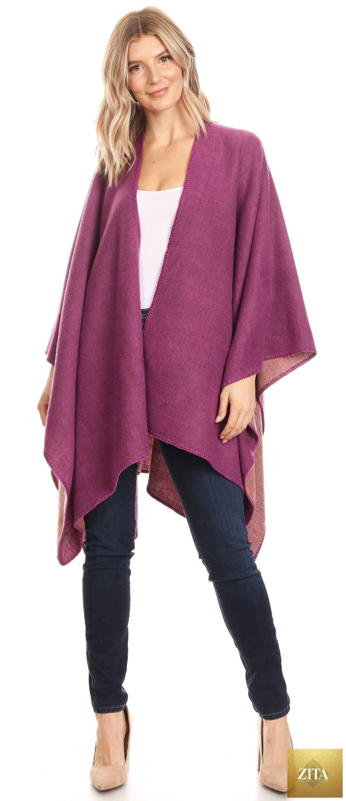 Sakkas Mari Women's Reversible Large Poncho Shawl Wrap Scarf Cape Ruana Blanket