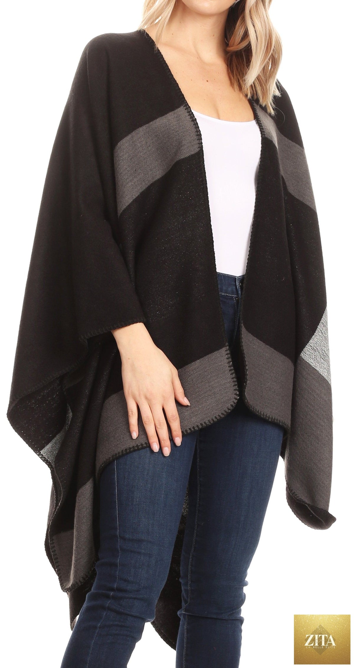 Sakkas Mari Women's Reversible Large Poncho Shawl Wrap Scarf Cape Ruana Blanket