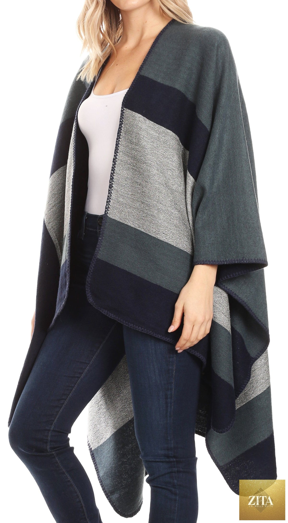 Sakkas Mari Women's Reversible Large Poncho Shawl Wrap Scarf Cape Ruana Blanket