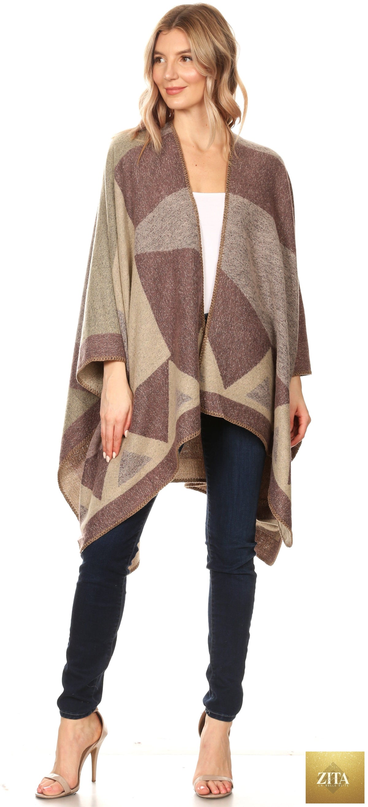 Sakkas Mari Women's Reversible Large Poncho Shawl Wrap Scarf Cape Ruana Blanket
