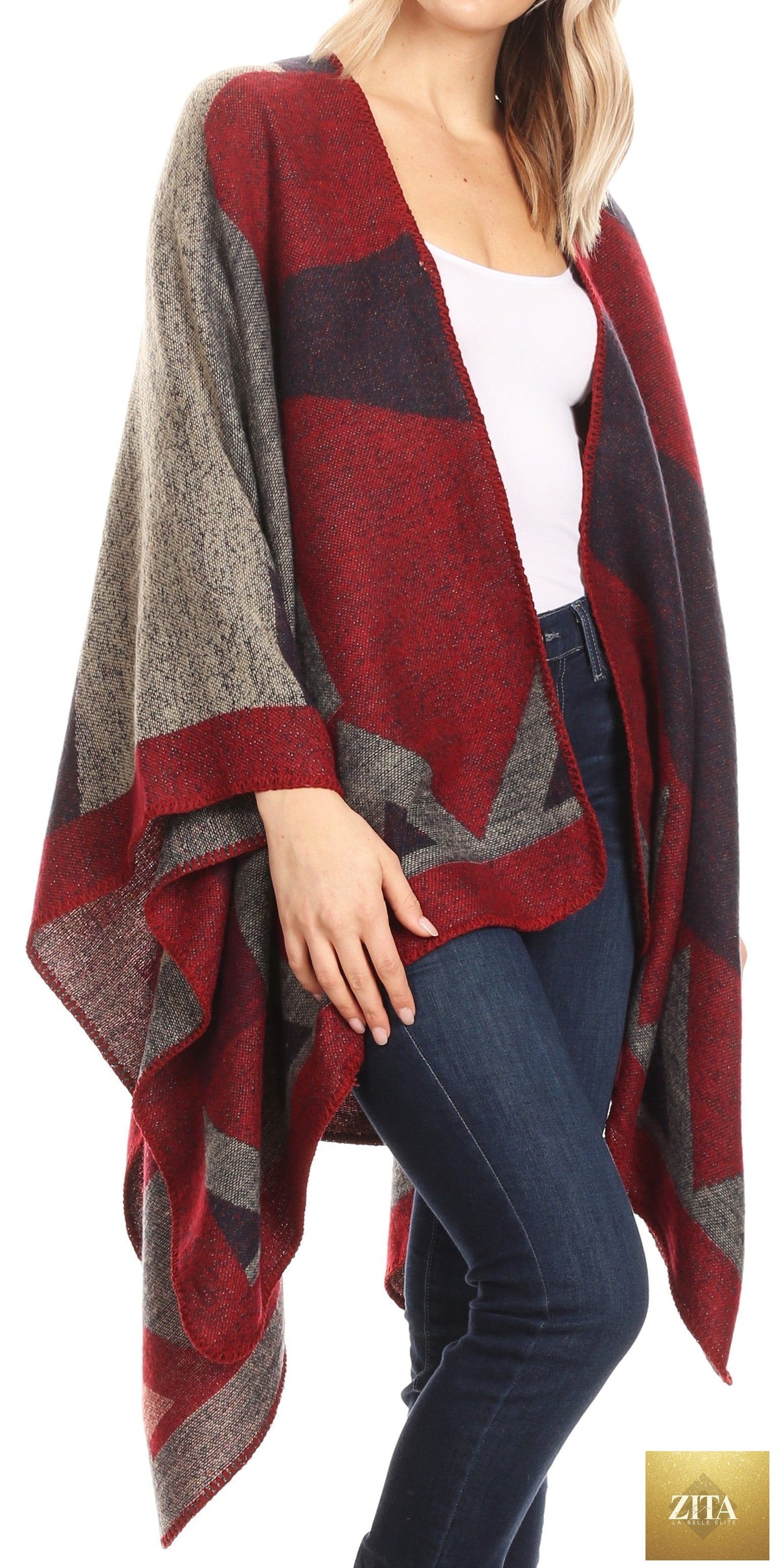 Sakkas Mari Women's Reversible Large Poncho Shawl Wrap Scarf Cape Ruana Blanket