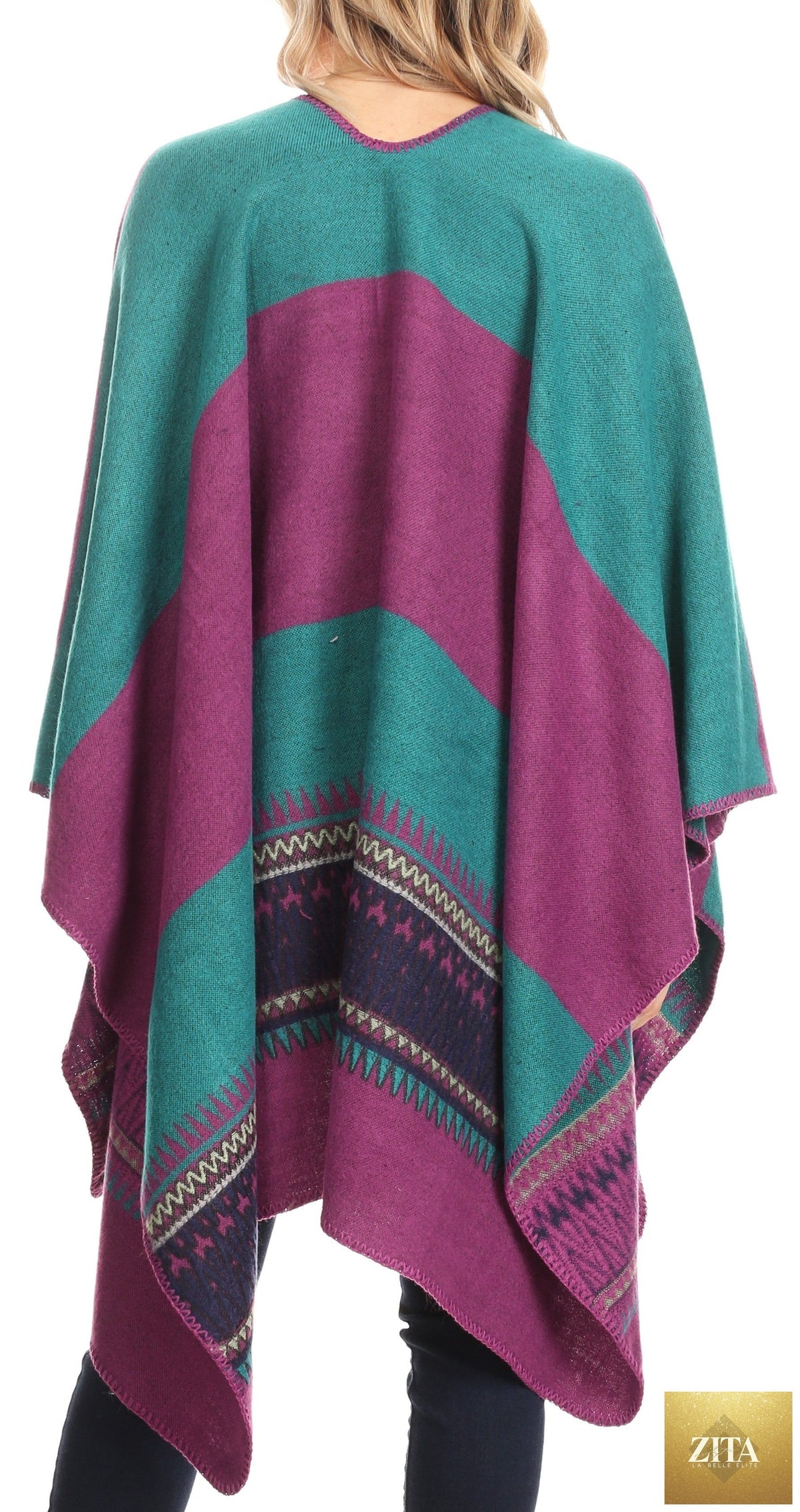 Sakkas Mari Women's Reversible Large Poncho Shawl Wrap Scarf Cape Ruana Blanket