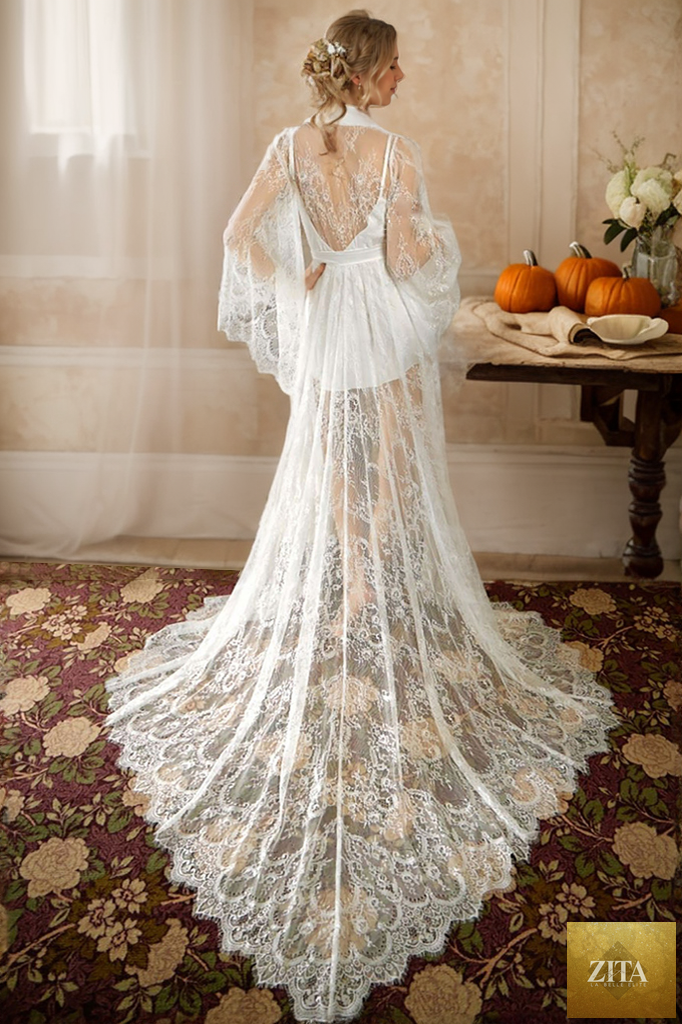 SelenaHuanStudio Chantilly floral lace mesh long robe set with train, elegant bridal and wedding lingerie, luxurious sleepwear.