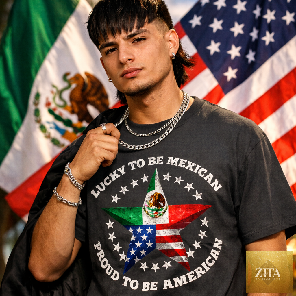 Black heavyweight cotton T-shirt featuring the "Lucky To Be Mexican, Proud To Be American" slogan, with Mexico and USA flags.