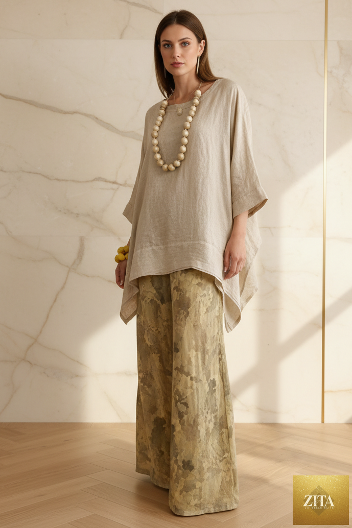 Women's linen-style tunic top and watercolor floral wide-leg pants set by MERIDGE, featuring a stylish two-piece outfit.