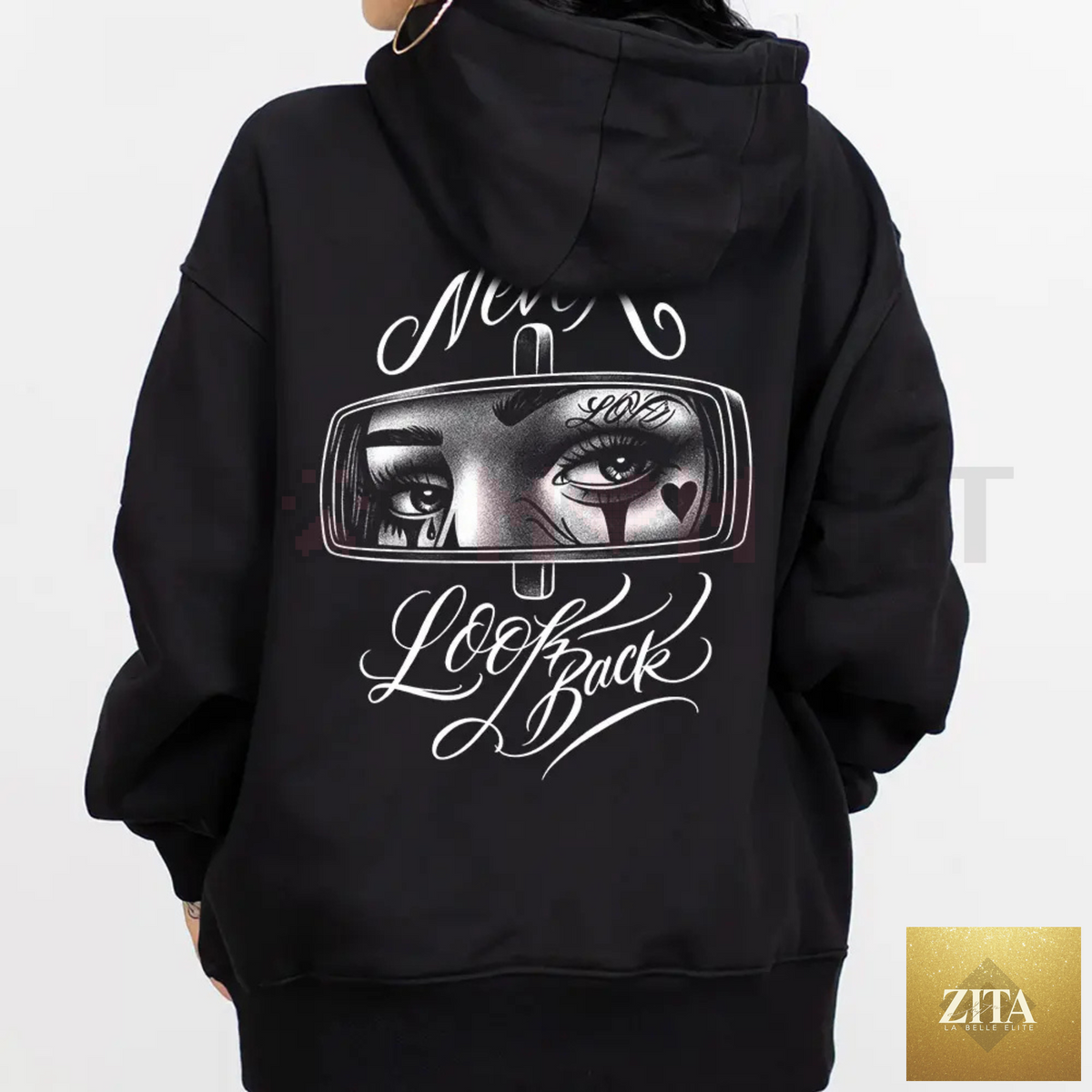 Men's cotton Chicano art hoodie featuring "Never and Look" design, lowrider streetwear pullover by Dog Mom Hat.