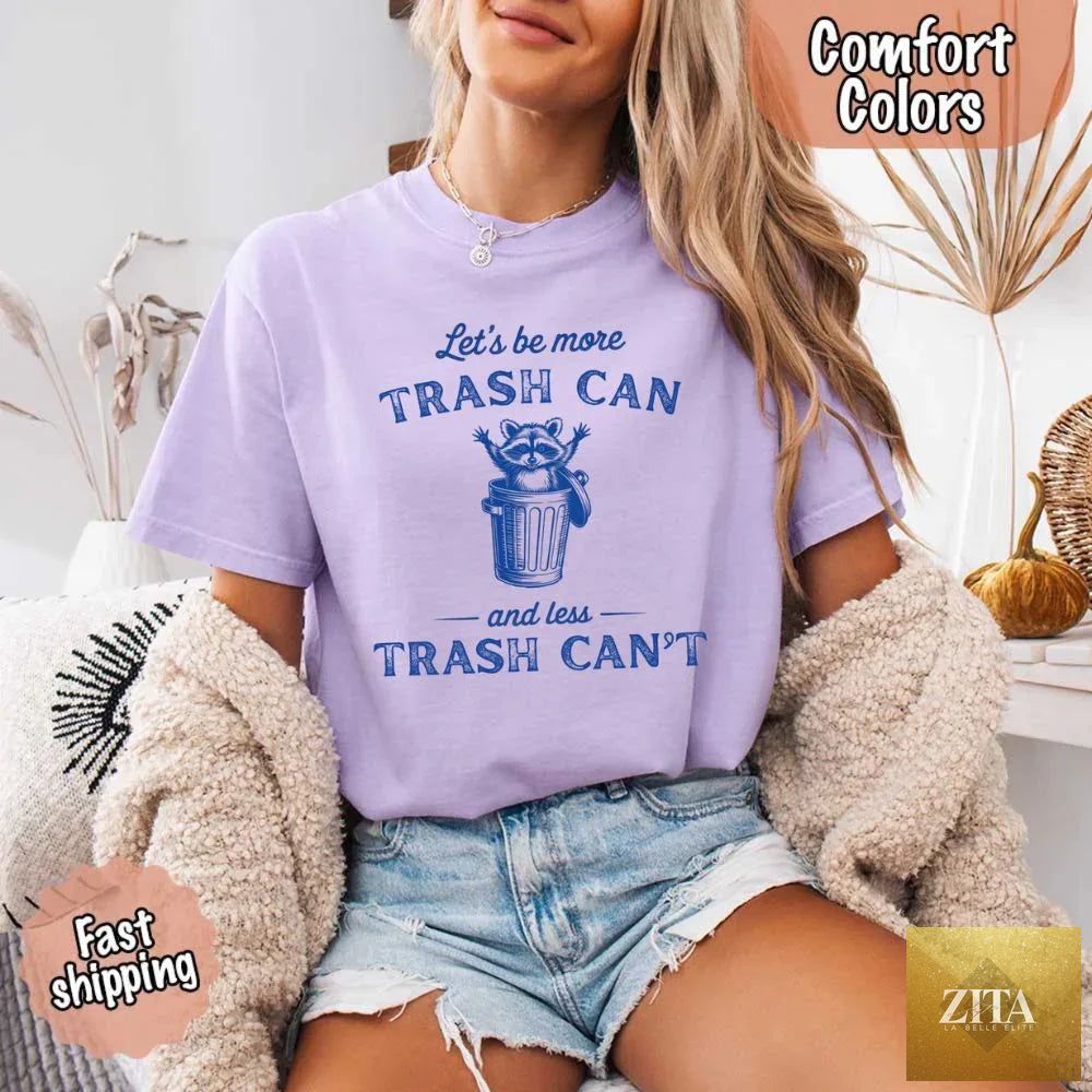 Comfort Colors funny T-shirt featuring a raccoon and trash can design, perfect for casual wear from Adorb Custom Tees.