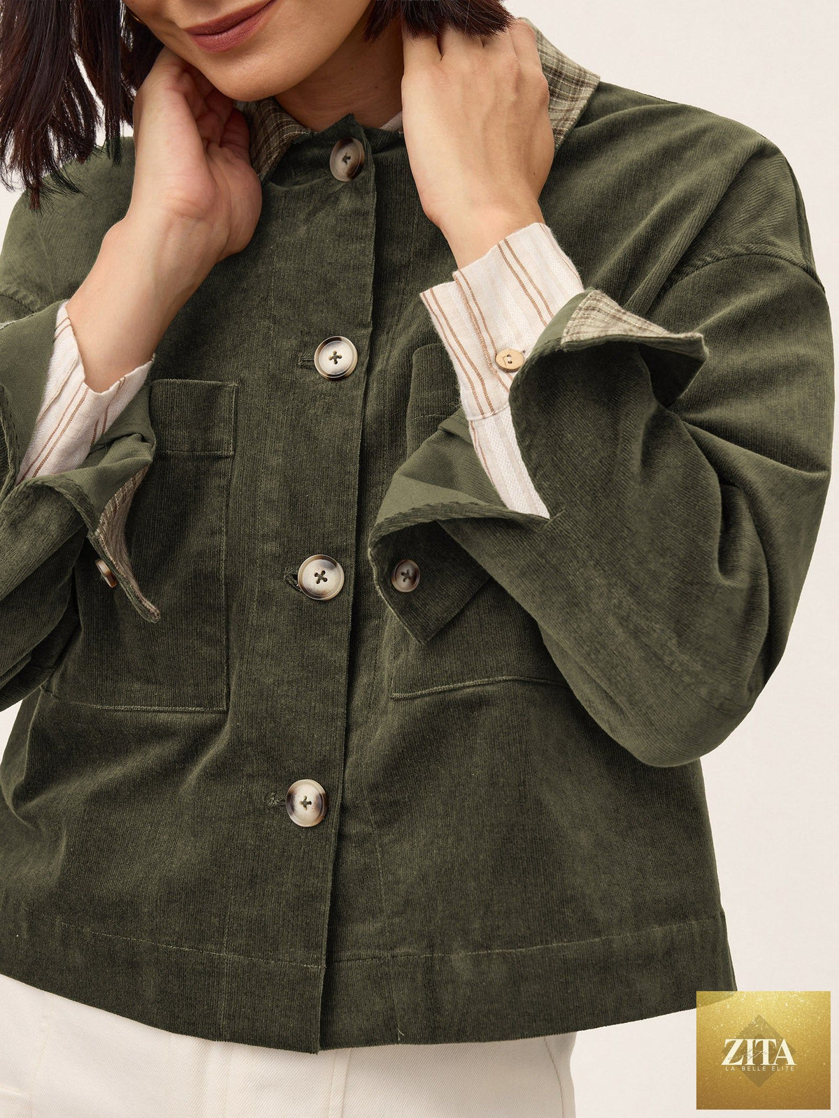Cotton Lyocell Contrast Check Collar Cropped Jacket FLORENZA