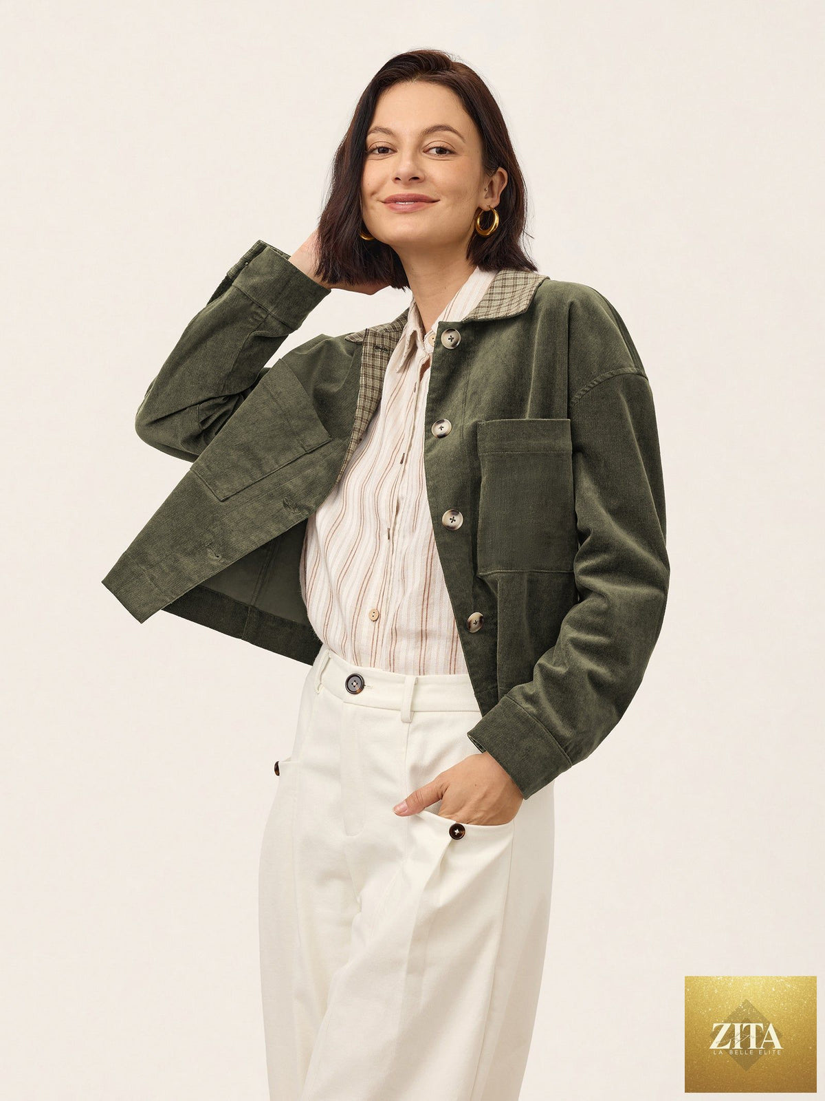 Cotton Lyocell Contrast Check Collar Cropped Jacket FLORENZA