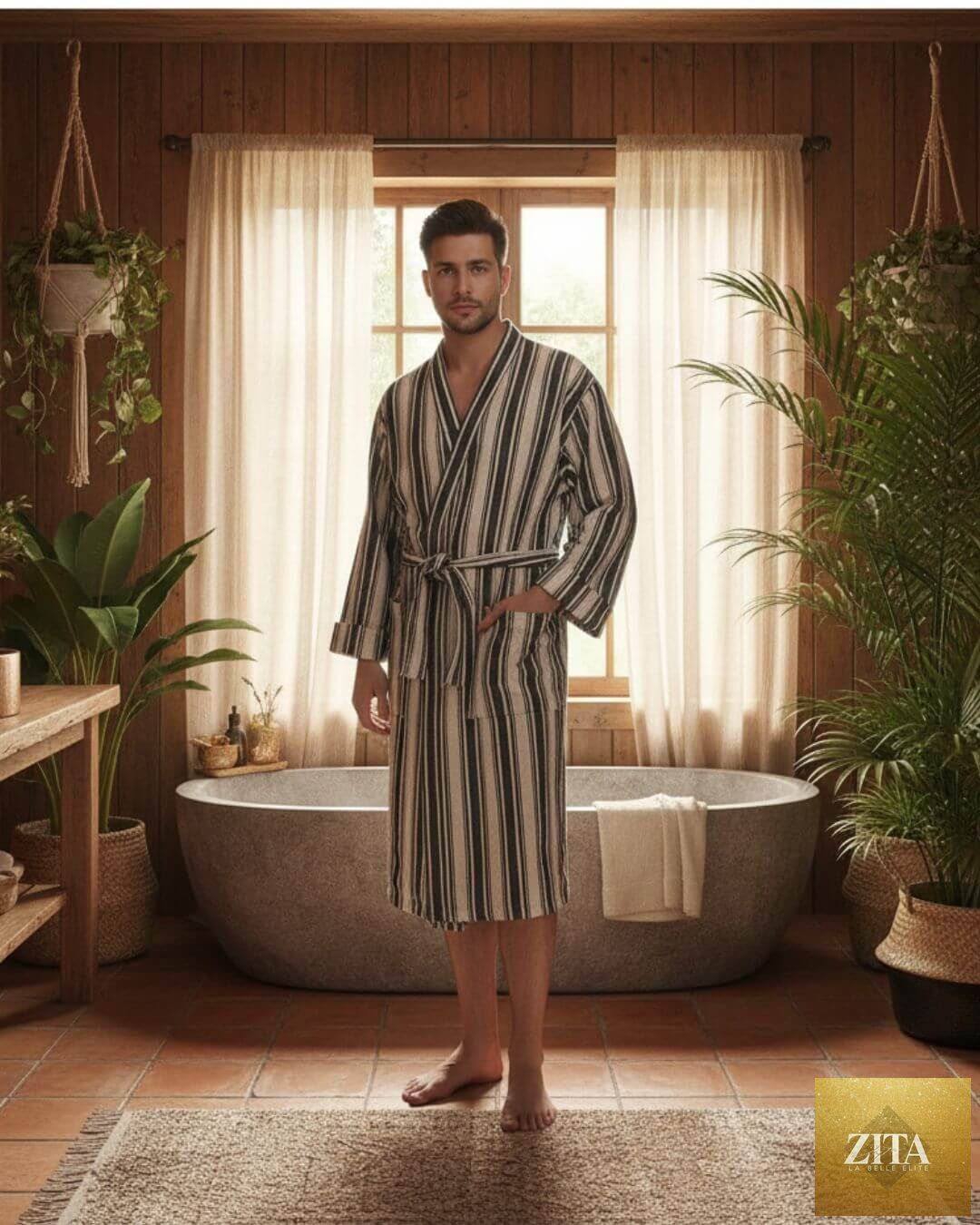 Lightweight cotton linen blend kimono bathrobe for men, Turkish towel style by Zita La Belle Elite, soft and comfortable unisex robe.