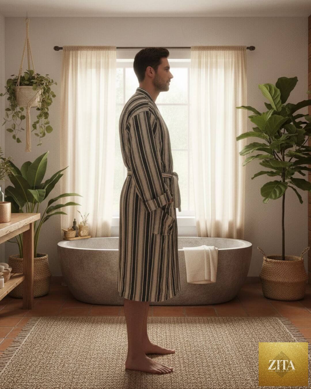 Turkish cotton linen blend kimono bathrobe from Zita La Belle Elite, lightweight unisex Turkish towel robe for comfortable lounging.
