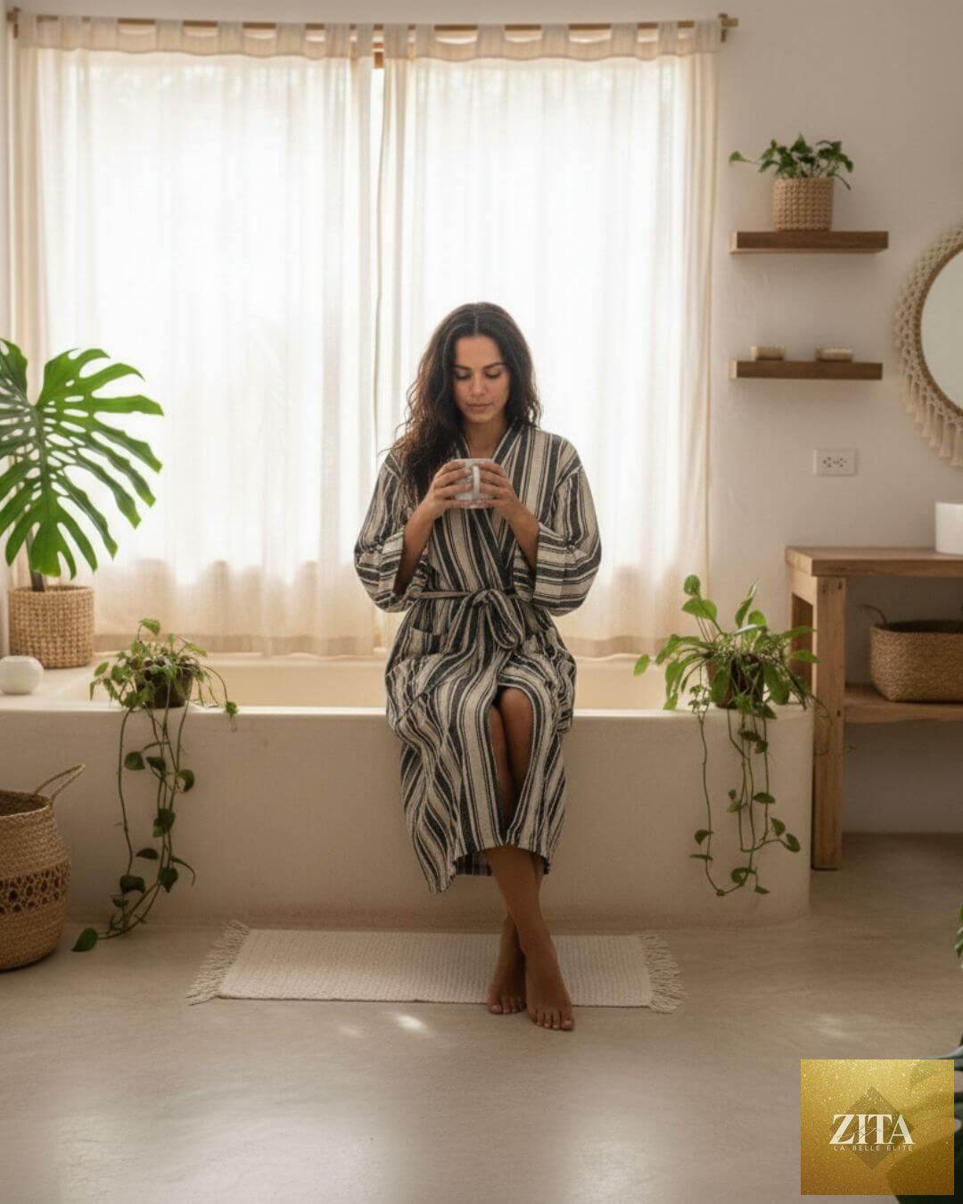 Turkish cotton linen blend kimono bathrobe for women, lightweight unisex robe by Zita La Belle Elite, shown on model.