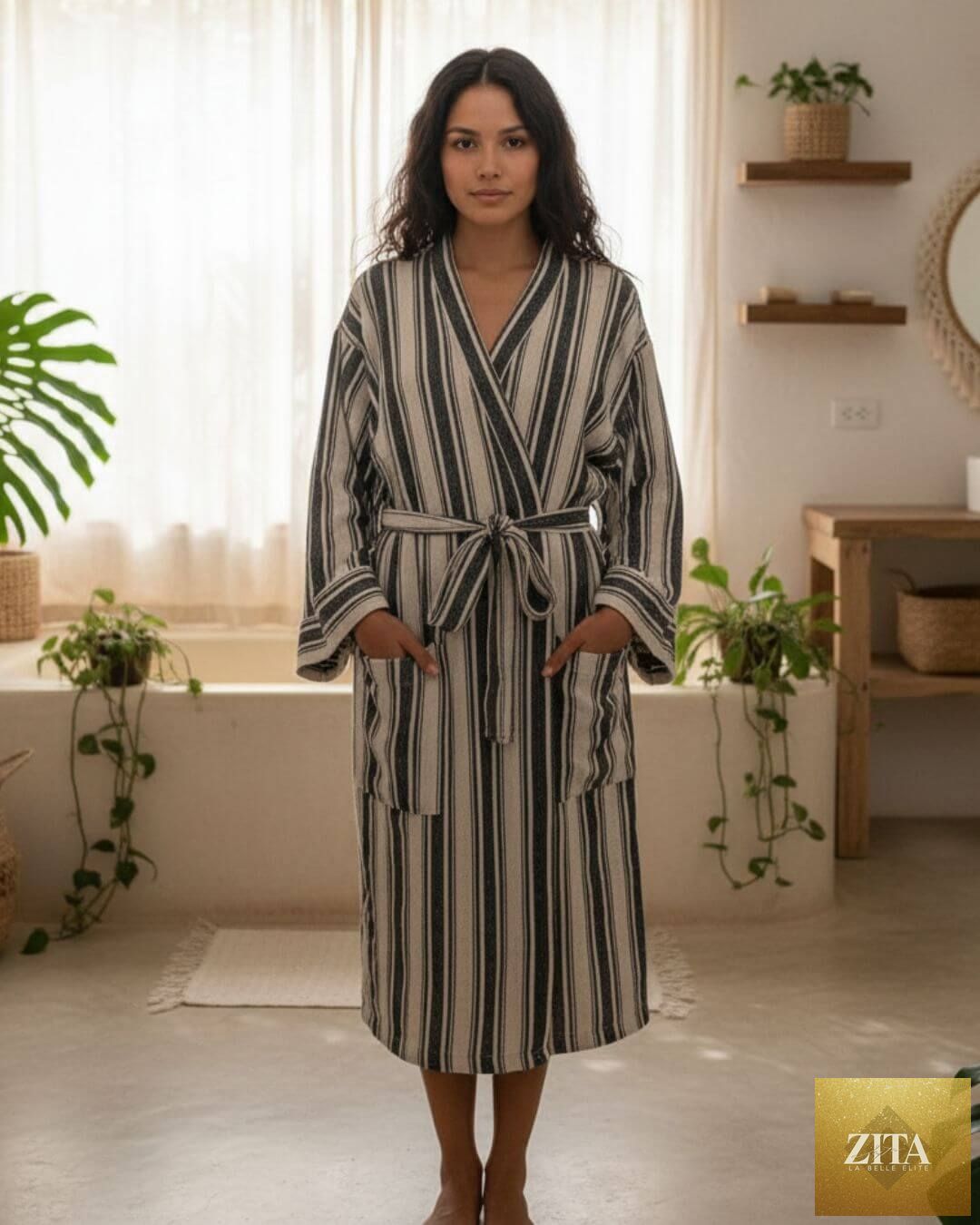 Lightweight cotton linen blend kimono bathrobe by Zita La Belle Elite, unisex Turkish towel robe for women and men.