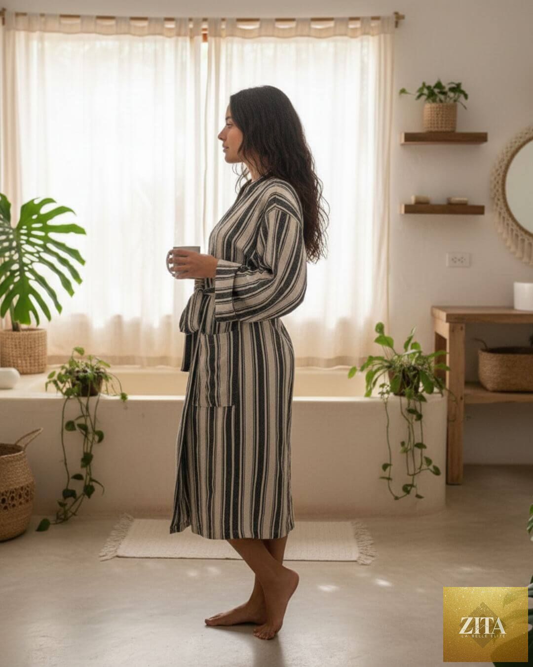 Lightweight unisex cotton linen blend kimono bathrobe by Zita La Belle Elite, shown in a Turkish towel style.