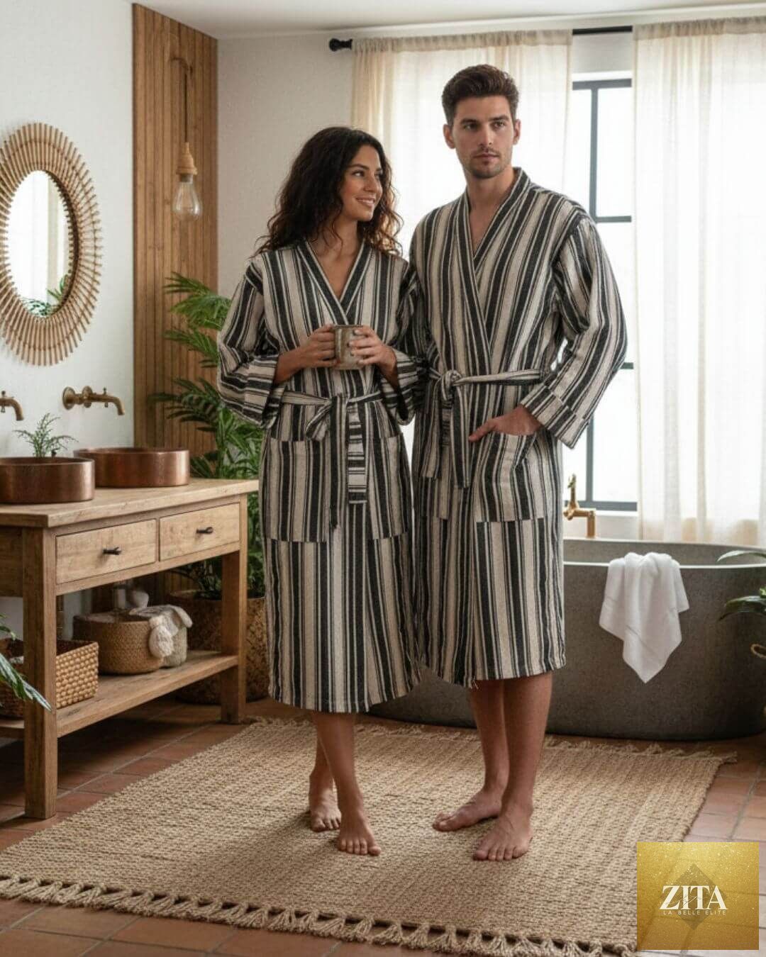 Lightweight Zita La Belle Elite cotton linen blend kimono bathrobe, unisex Turkish towel for women and men, soft and breathable.