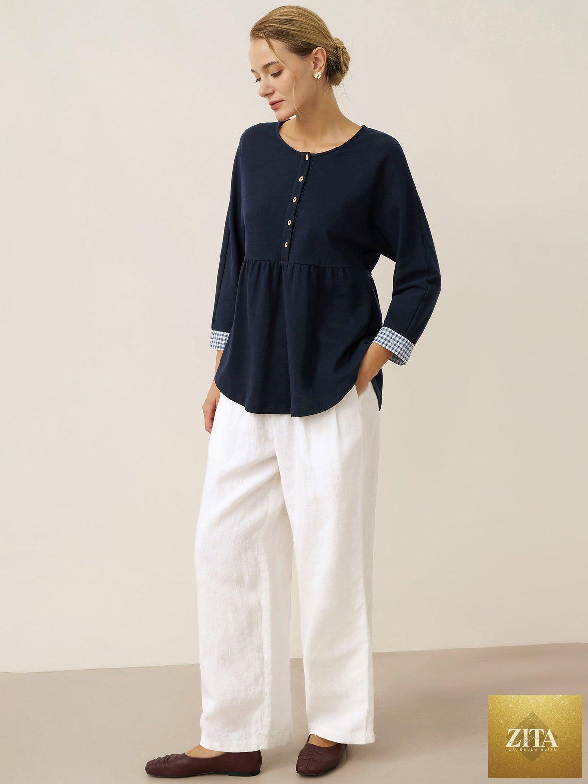 Organic Cotton Patchwork Cuff Button Decor Top AUDREY