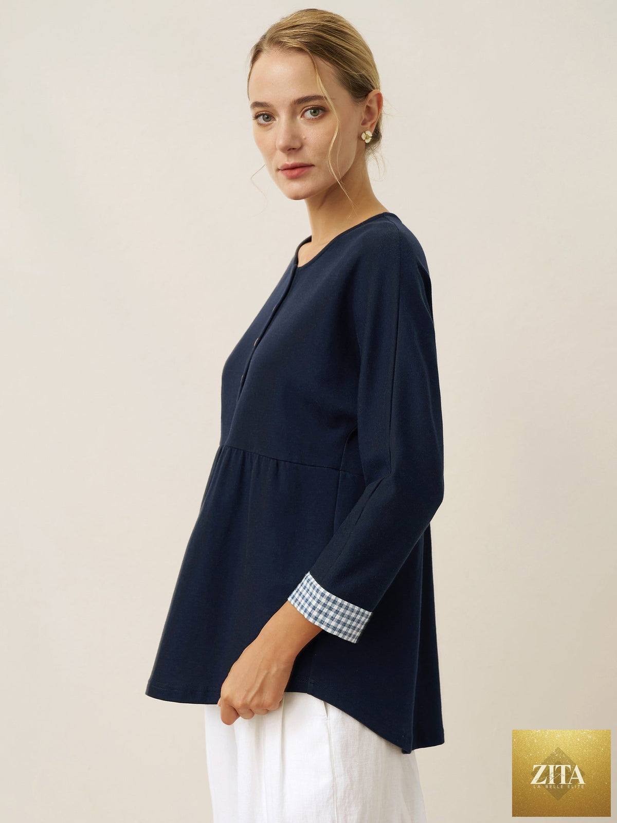 Organic Cotton Patchwork Cuff Button Decor Top AUDREY