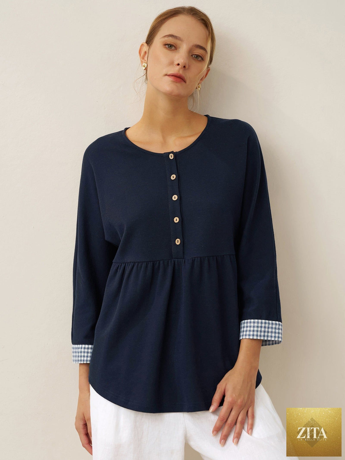 Organic Cotton Patchwork Cuff Button Decor Top AUDREY